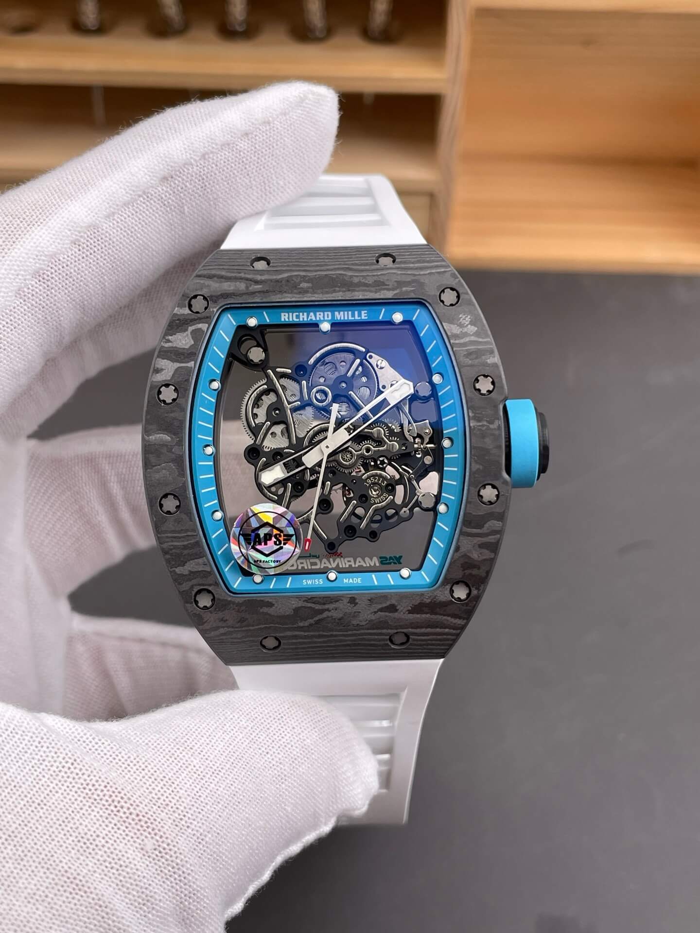 Richard Mille Replica RM 055 Bubba Watson Super Clone Watch Carbon Blue Crown White Rubber