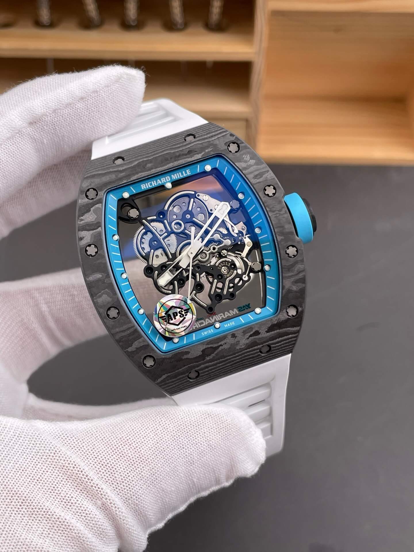 Richard Mille Replica RM 055 Bubba Watson Super Clone Watch Carbon Blue Crown White Rubber