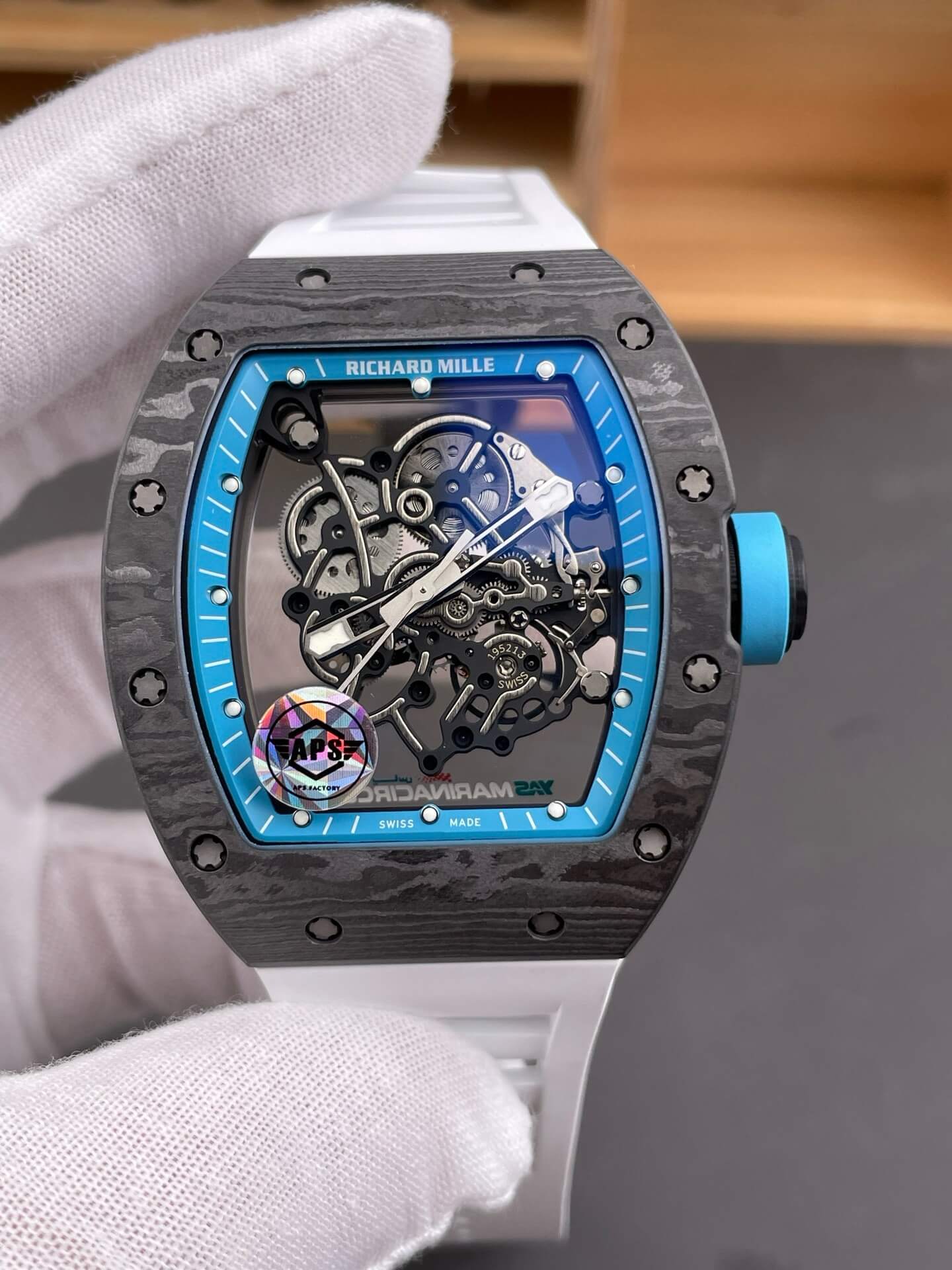 Richard Mille Replica RM 055 Bubba Watson Super Clone Watch Carbon Blue Crown White Rubber