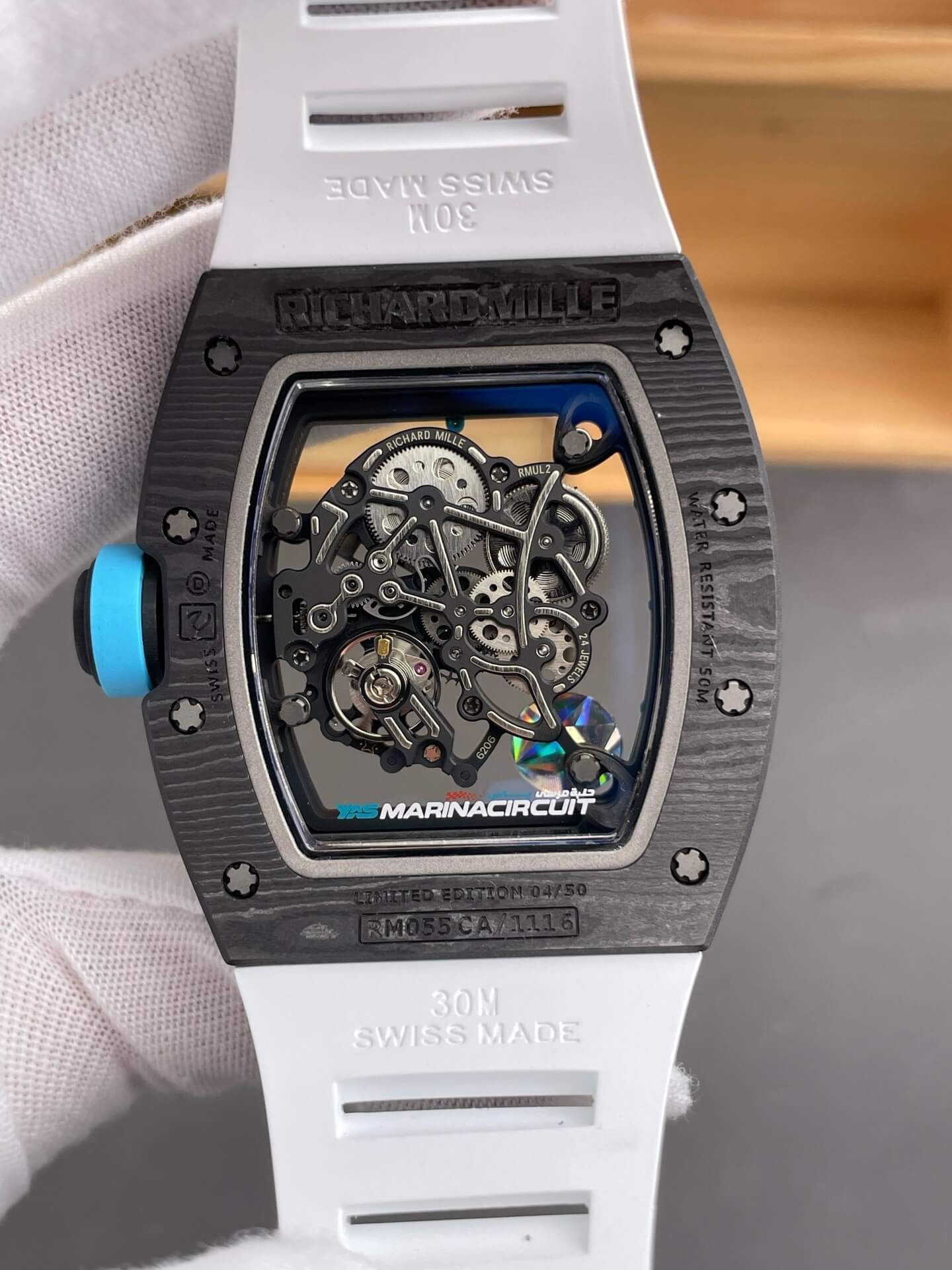 Richard Mille Replica RM 055 Bubba Watson Super Clone Watch Carbon Blue Crown White Rubber