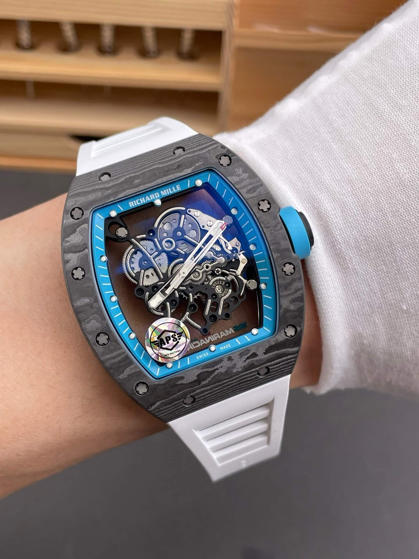 Richard Mille Replica RM 055 Bubba Watson Super Clone Watch Carbon Blue Crown White Rubber