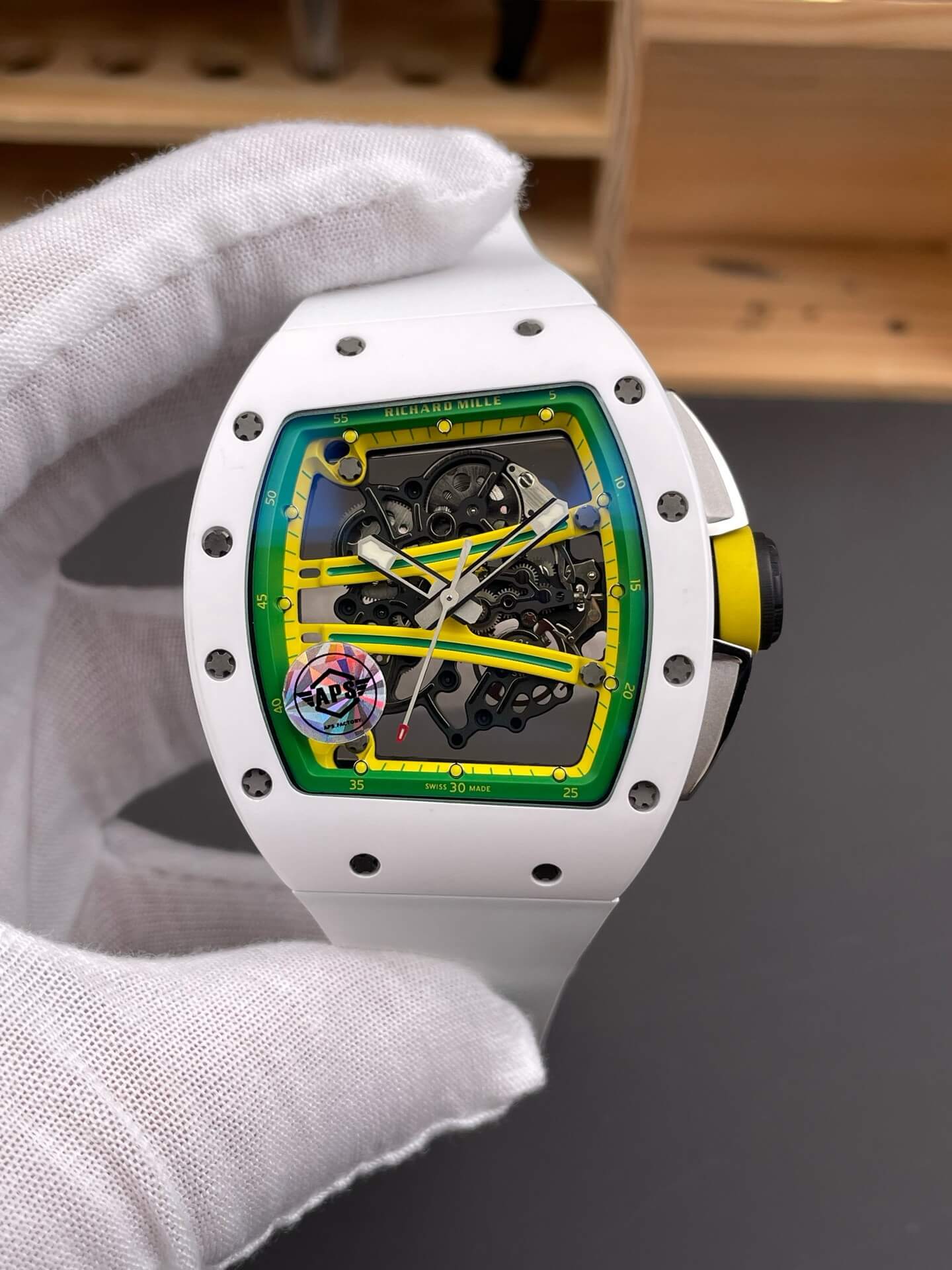 Richard Mille Replica RM 61-01 Yohan Blake Super Clone Watch White Ceramic Rubber Yellow Crown Richard Mille Replica RM 61-01 Yohan Blake Super Clone Watch White Ceramic Rubber Yellow Crown