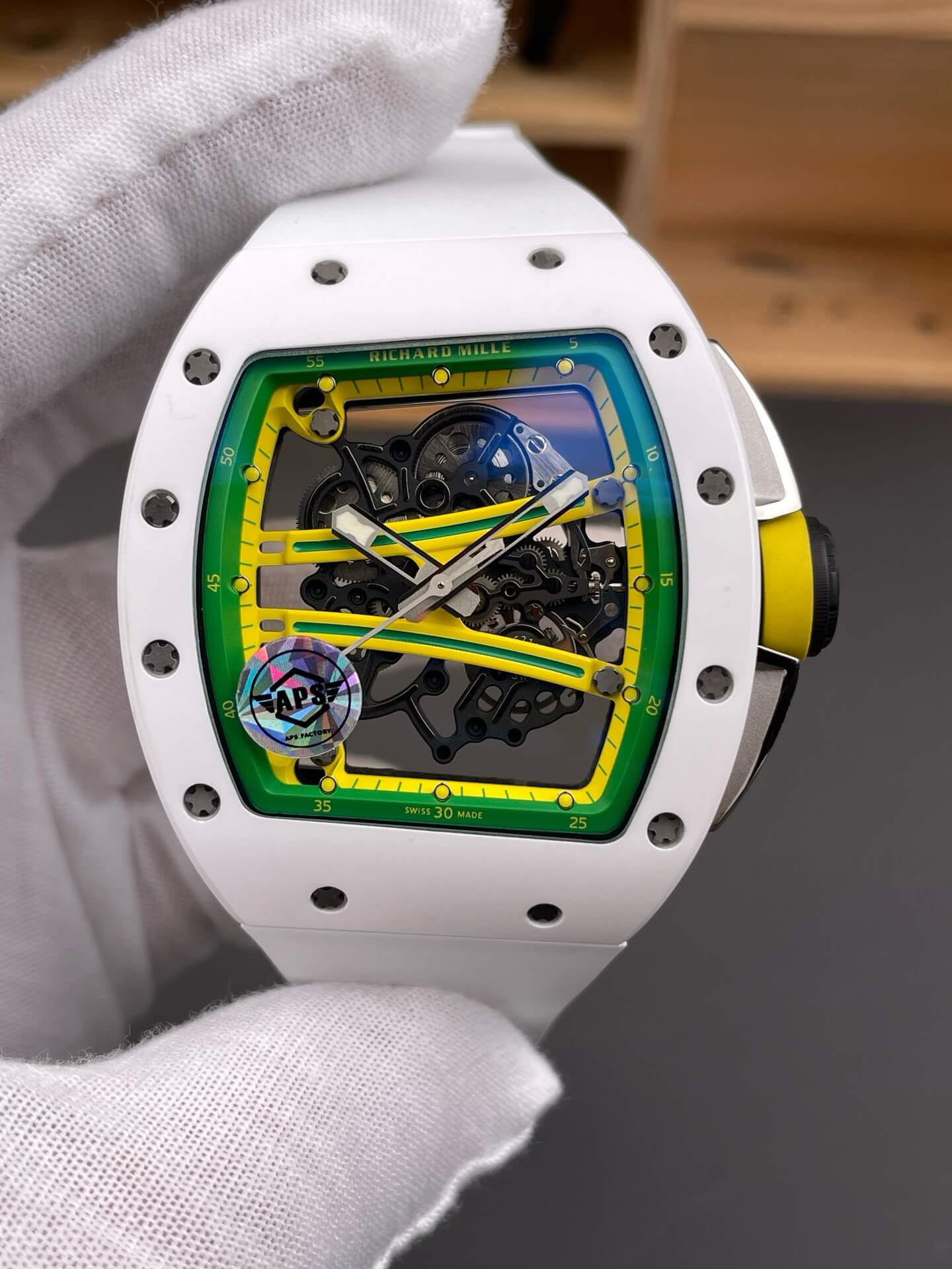 Richard Mille Replica RM 61-01 Yohan Blake Super Clone Watch White Ceramic Rubber Yellow Crown Richard Mille Replica RM 61-01 Yohan Blake Super Clone Watch White Ceramic Rubber Yellow Crown