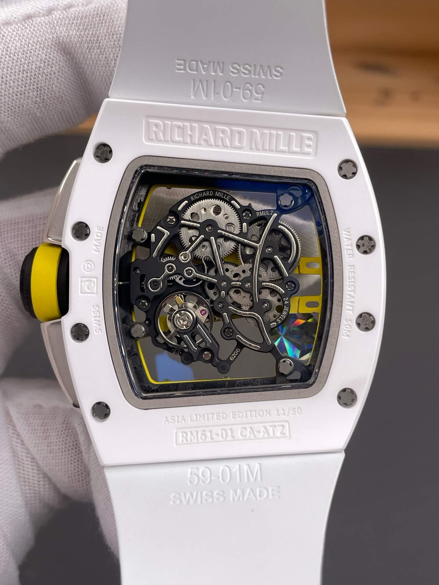 Richard Mille Replica RM 61-01 Yohan Blake Super Clone Watch White Ceramic Rubber Yellow Crown Richard Mille Replica RM 61-01 Yohan Blake Super Clone Watch White Ceramic Rubber Yellow Crown