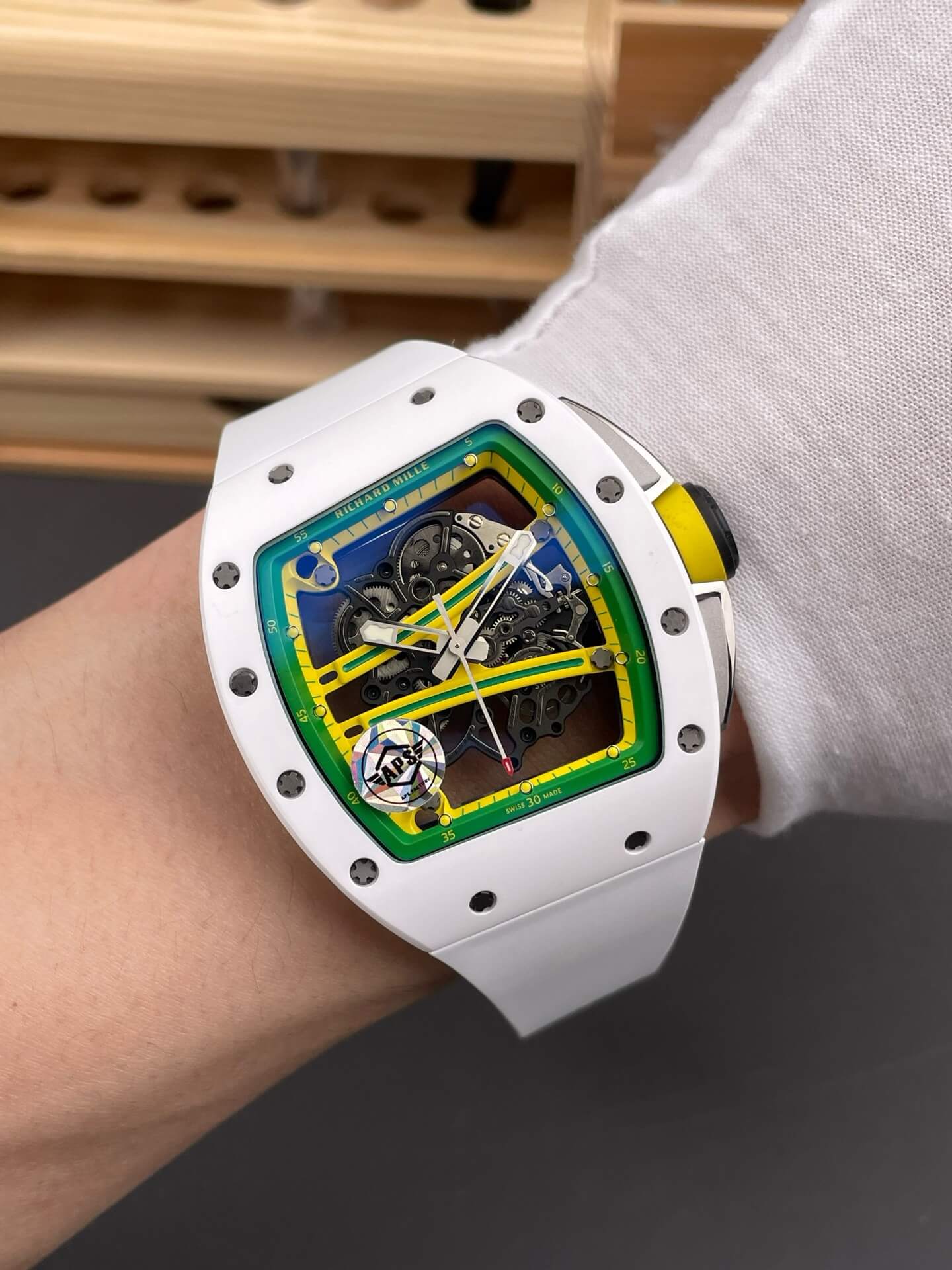 Richard Mille Replica RM 61-01 Yohan Blake Super Clone Watch White Ceramic Rubber Yellow Crown Richard Mille Replica RM 61-01 Yohan Blake Super Clone Watch White Ceramic Rubber Yellow Crown