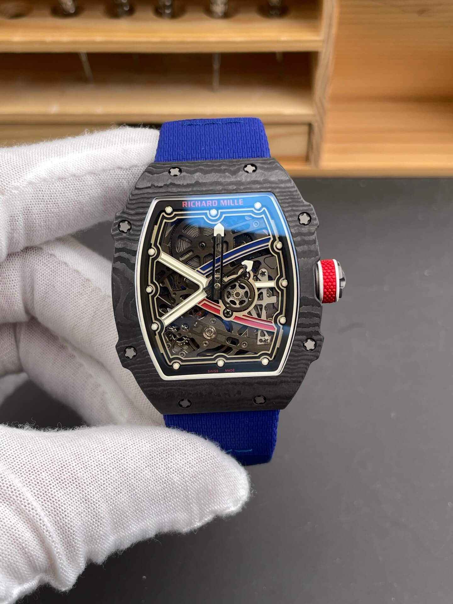 Richard Mille Replica RM 67-02 Sébastien Ogier Super Clone Watch Carbon Red Crown Blue Elastic