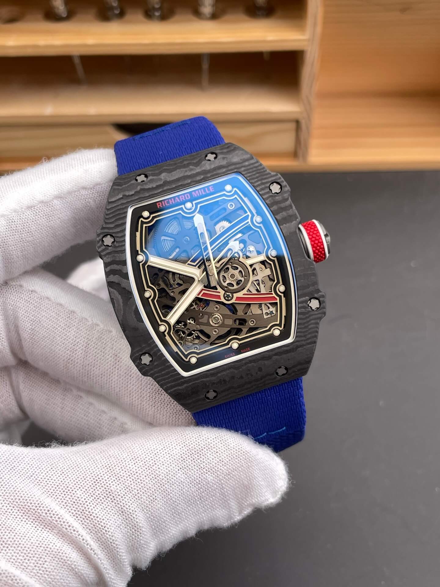 Richard Mille Replica RM 67-02 Sébastien Ogier Super Clone Watch Carbon Red Crown Blue Elastic
