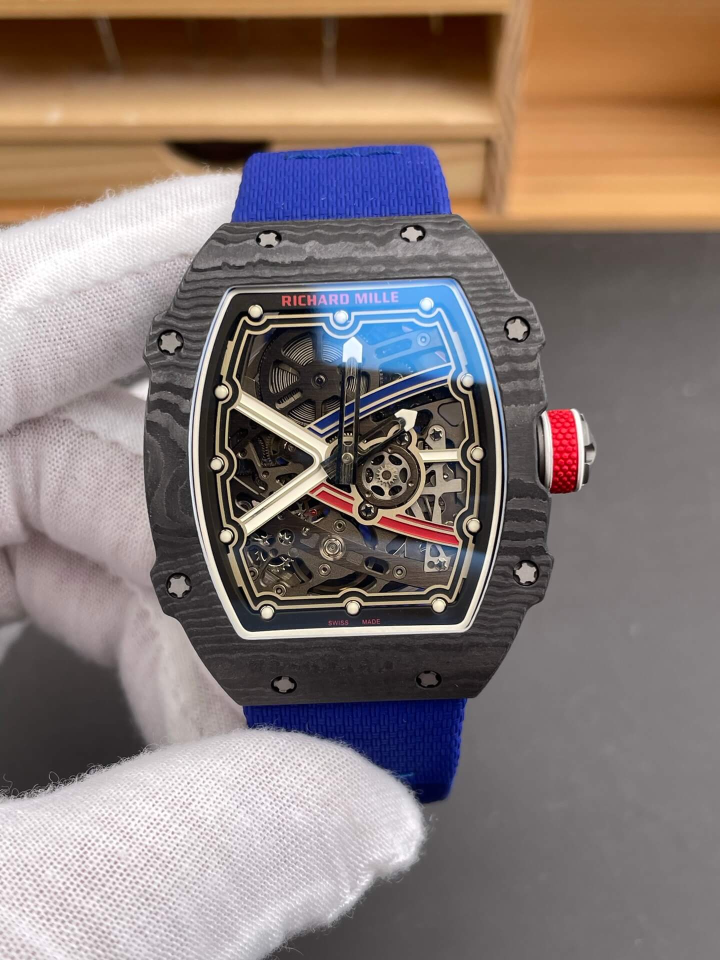 Richard Mille Replica RM 67-02 Sébastien Ogier Super Clone Watch Carbon Red Crown Blue Elastic