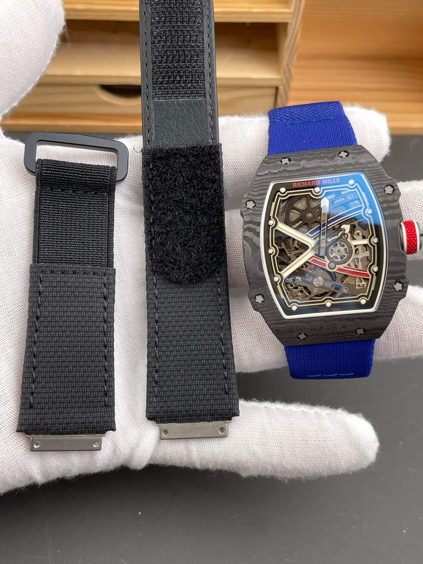 Richard Mille Replica RM 67-02 Sébastien Ogier Super Clone Watch Carbon Red Crown Blue Elastic