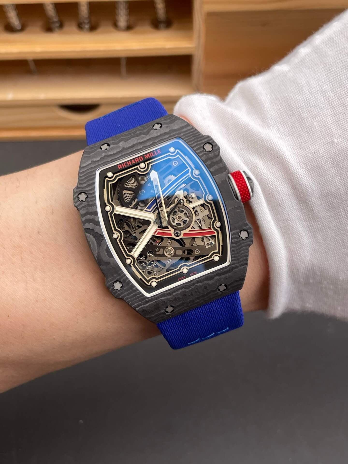 Richard Mille Replica RM 67-02 Sébastien Ogier Super Clone Watch Carbon Red Crown Blue Elastic