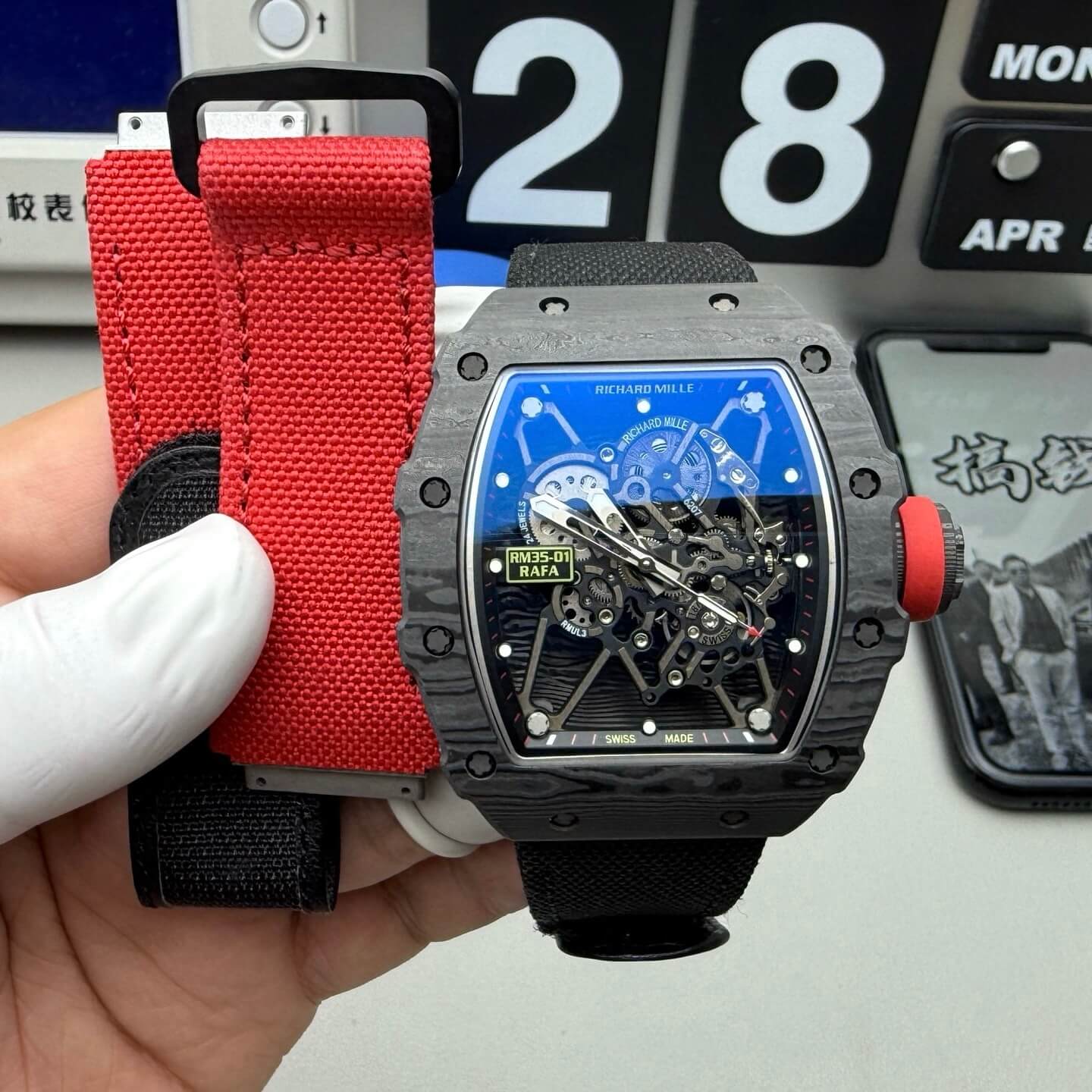 Richard Mille Replica RM 35-01 Rafael Nadal Super Clone Watch Black Carbon Red Crown