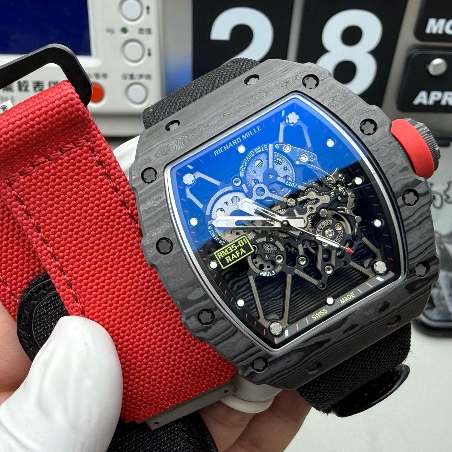 Richard Mille Replica RM 35-01 Rafael Nadal Super Clone Watch Black Carbon Red Crown