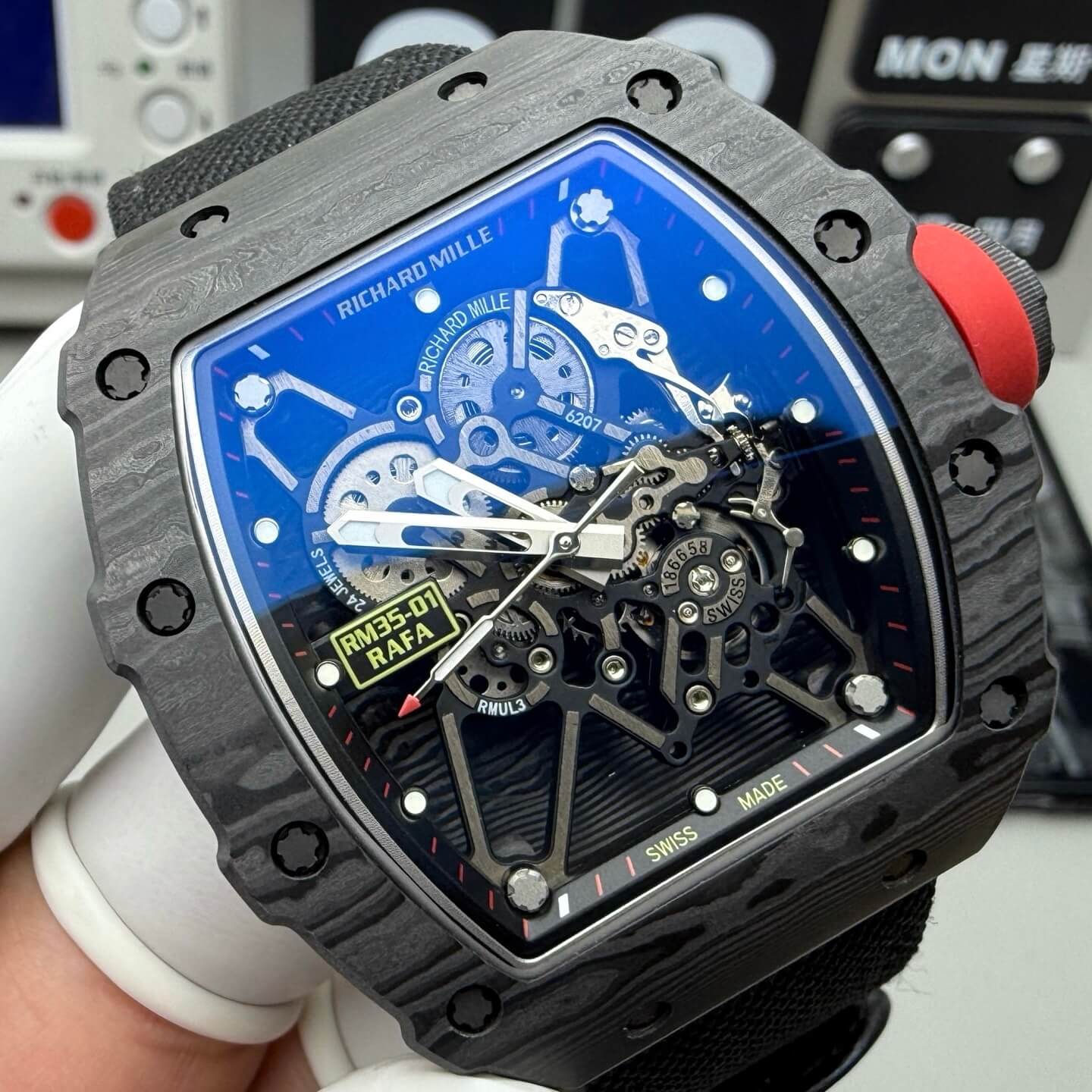 Richard Mille Replica RM 35-01 Rafael Nadal Super Clone Watch Black Carbon Red Crown