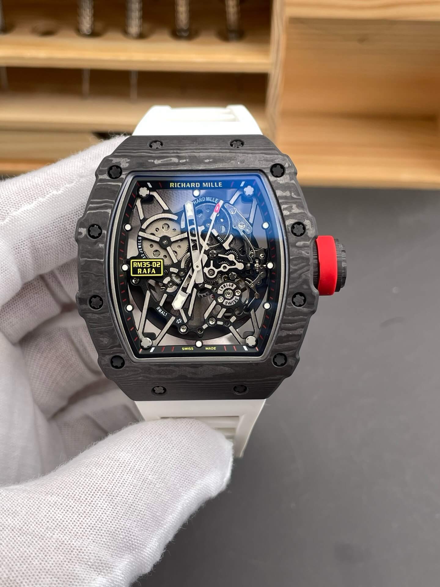Richard Mille Replica RM 35-02 Rafael Nadal Super Clone Watch Carbon Red Crown White Rubber