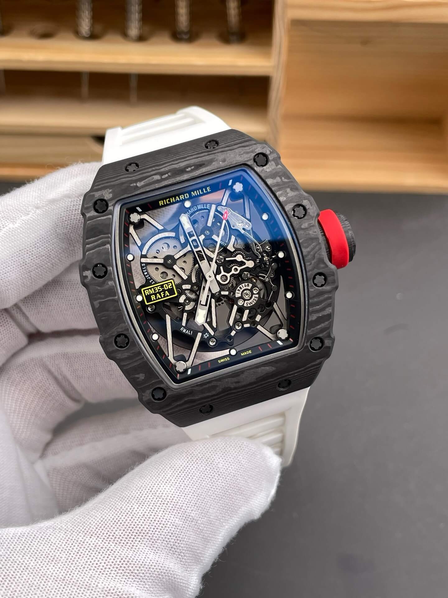Richard Mille Replica RM 35-02 Rafael Nadal Super Clone Watch Carbon Red Crown White Rubber