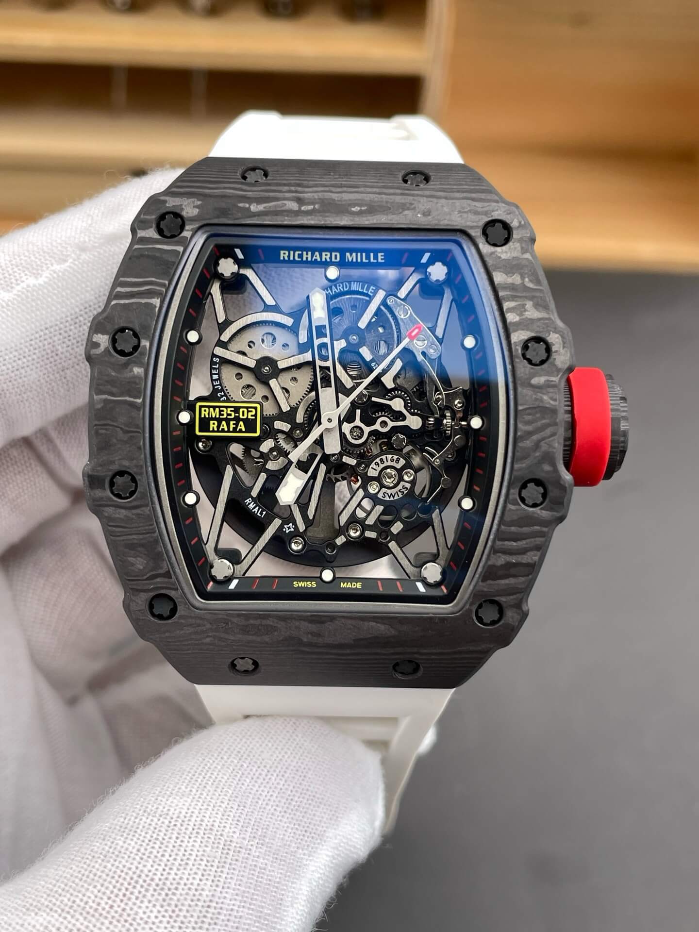 Richard Mille Replica RM 35-02 Rafael Nadal Super Clone Watch Carbon Red Crown White Rubber