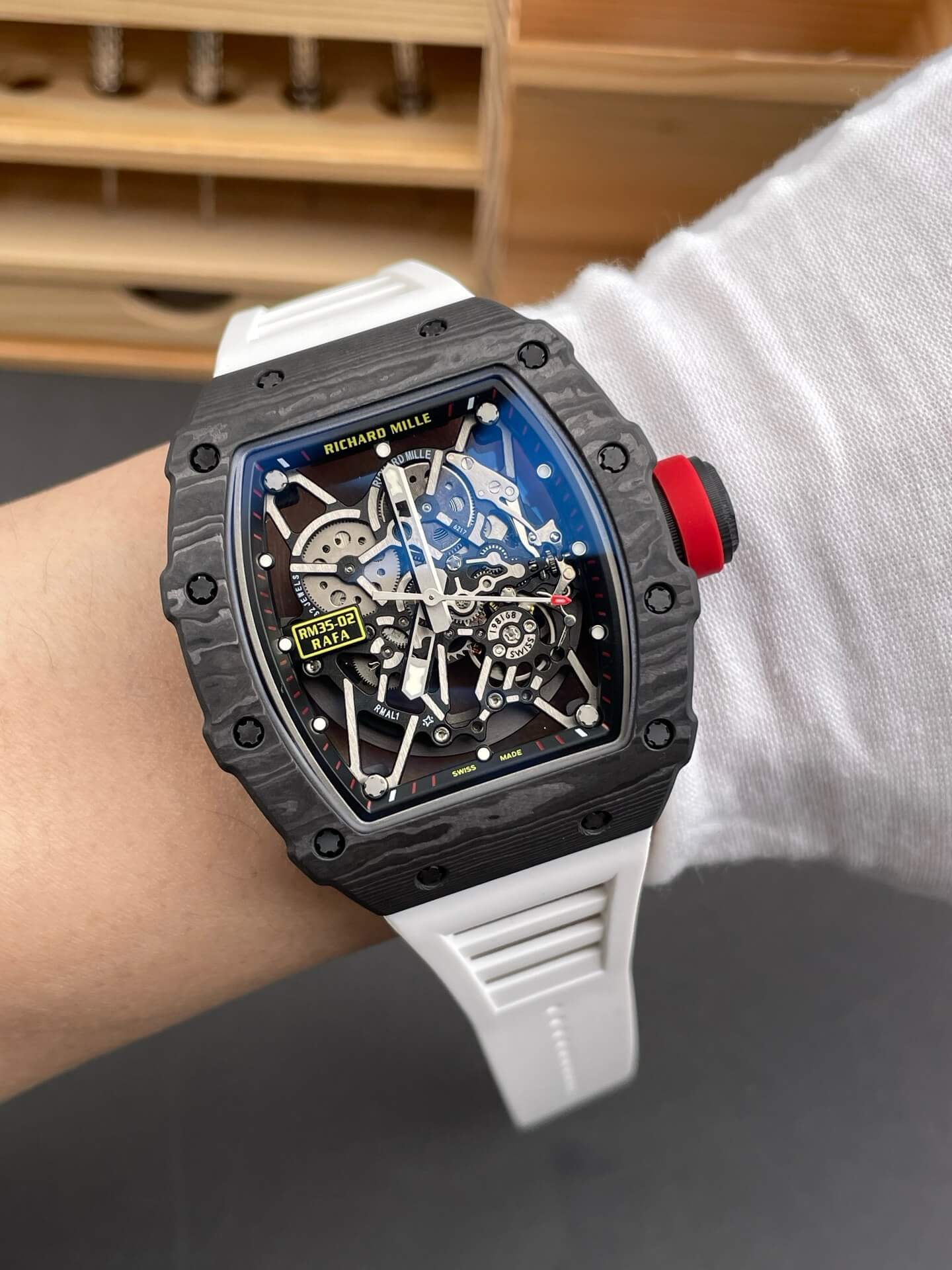 Richard Mille Replica RM 35-02 Rafael Nadal Super Clone Watch Carbon Red Crown White Rubber