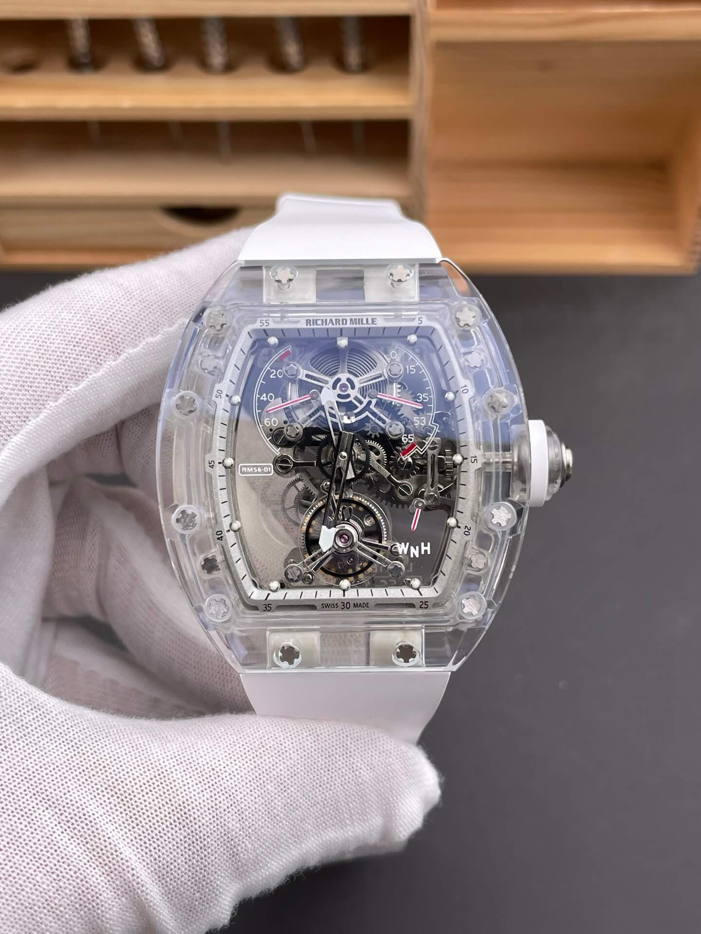 Richard Mille Replica RM 056-01 Tourbillon Sapphire Super Clone Watch Transparent White Rubber Crown