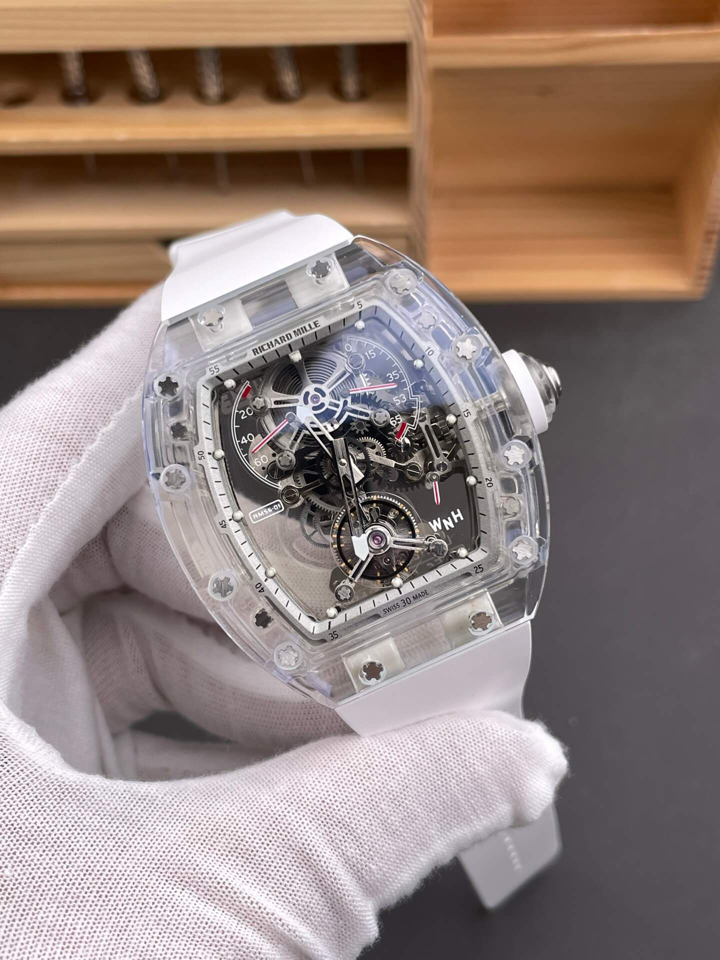 Richard Mille Replica RM 056-01 Tourbillon Sapphire Super Clone Watch Transparent White Rubber Crown