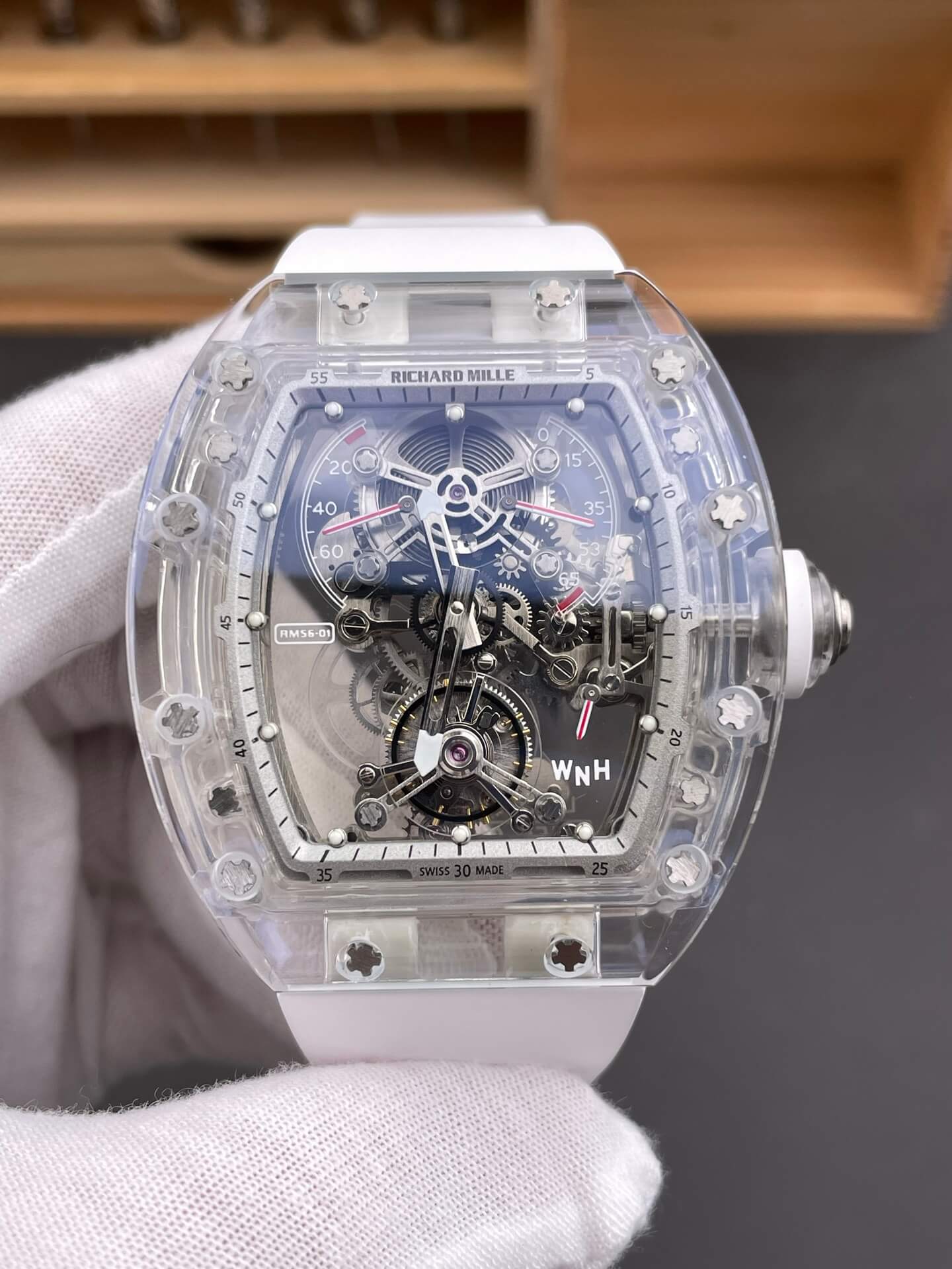 Richard Mille Replica RM 056-01 Tourbillon Sapphire Super Clone Watch Transparent White Rubber Crown
