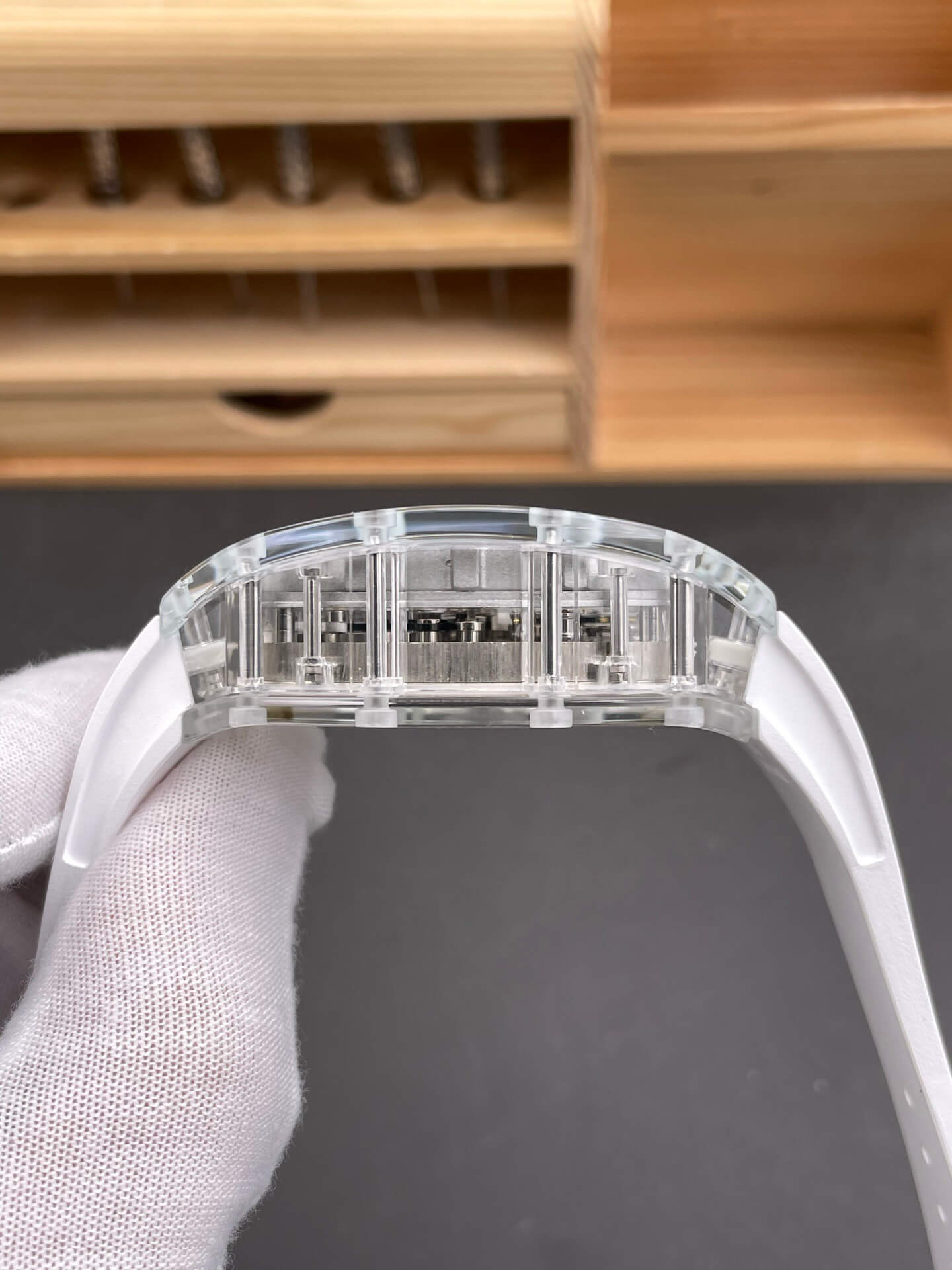 Richard Mille Replica RM 056-01 Tourbillon Sapphire Super Clone Watch Transparent White Rubber Crown
