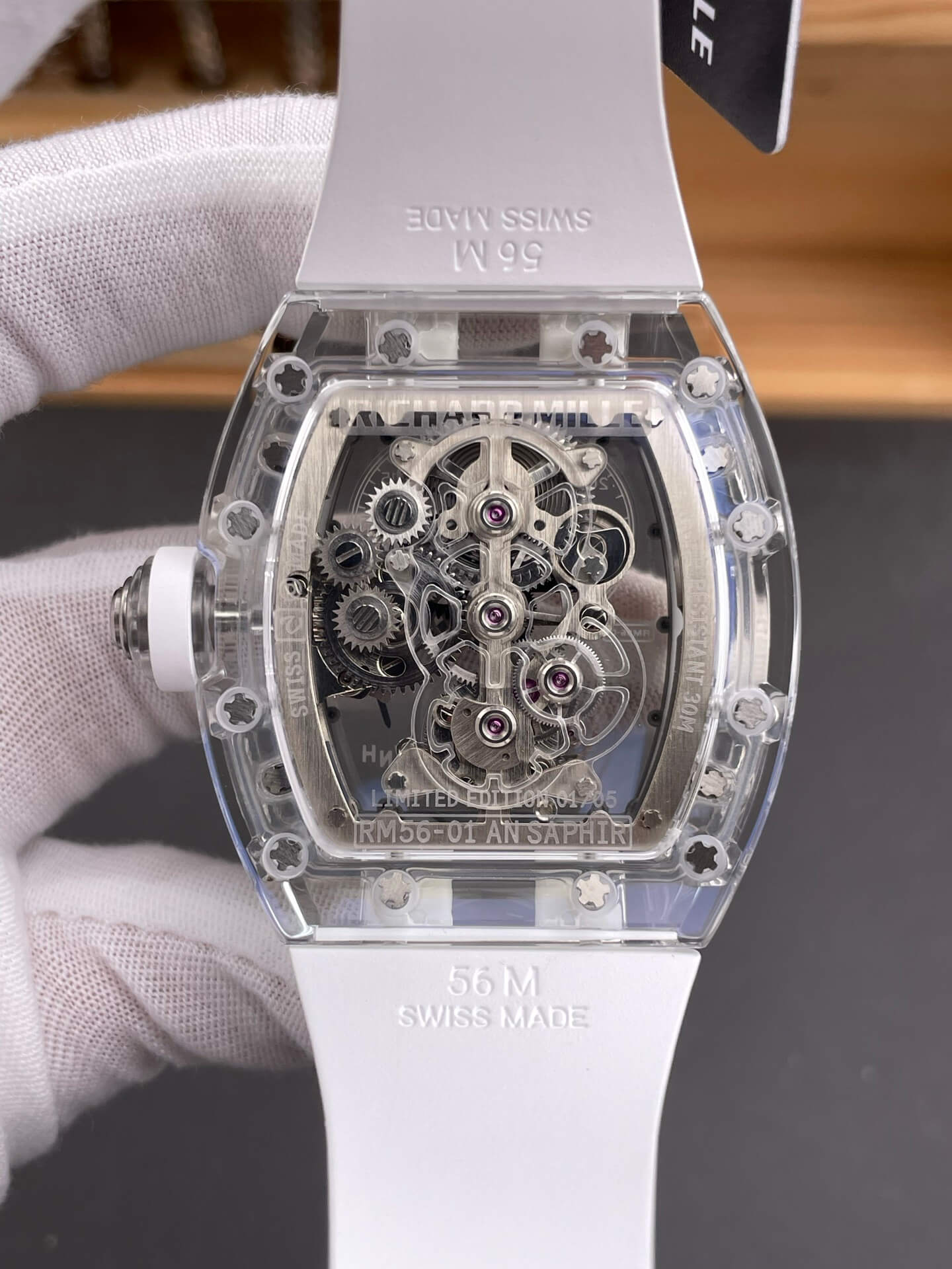 Richard Mille Replica RM 056-01 Tourbillon Sapphire Super Clone Watch Transparent White Rubber Crown