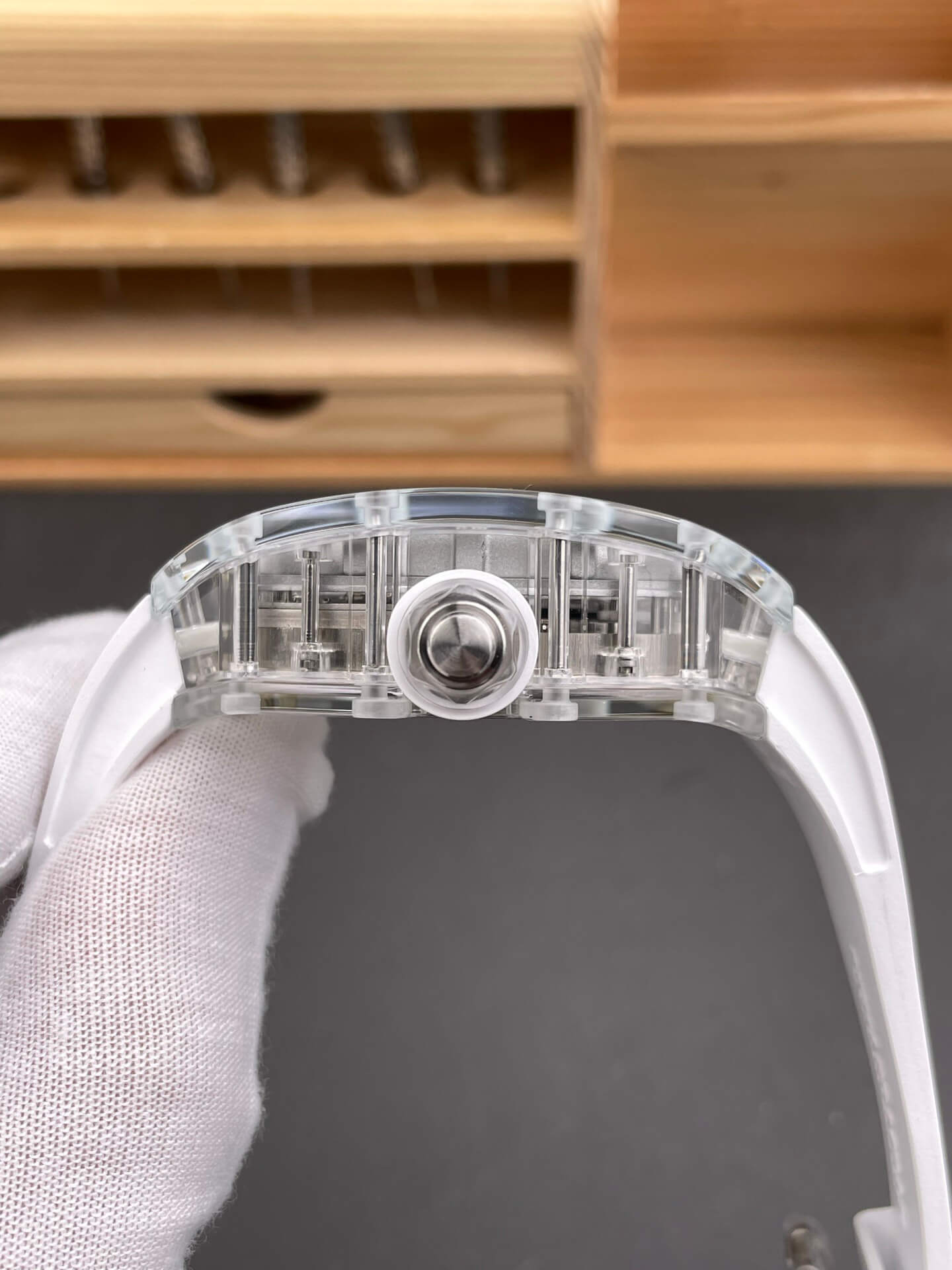 Richard Mille Replica RM 056-01 Tourbillon Sapphire Super Clone Watch Transparent White Rubber Crown
