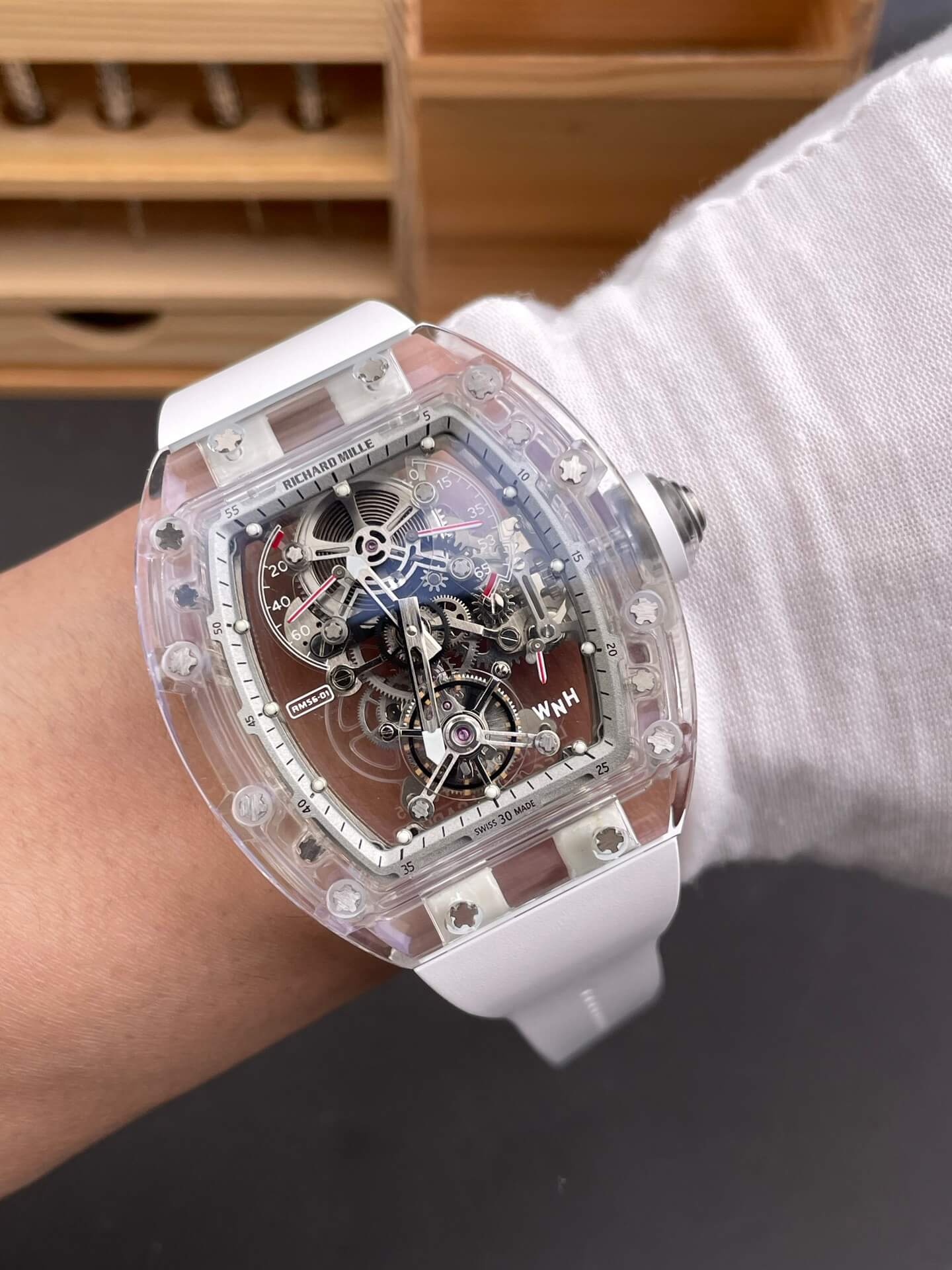 Richard Mille Replica RM 056-01 Tourbillon Sapphire Super Clone Watch Transparent White Rubber Crown