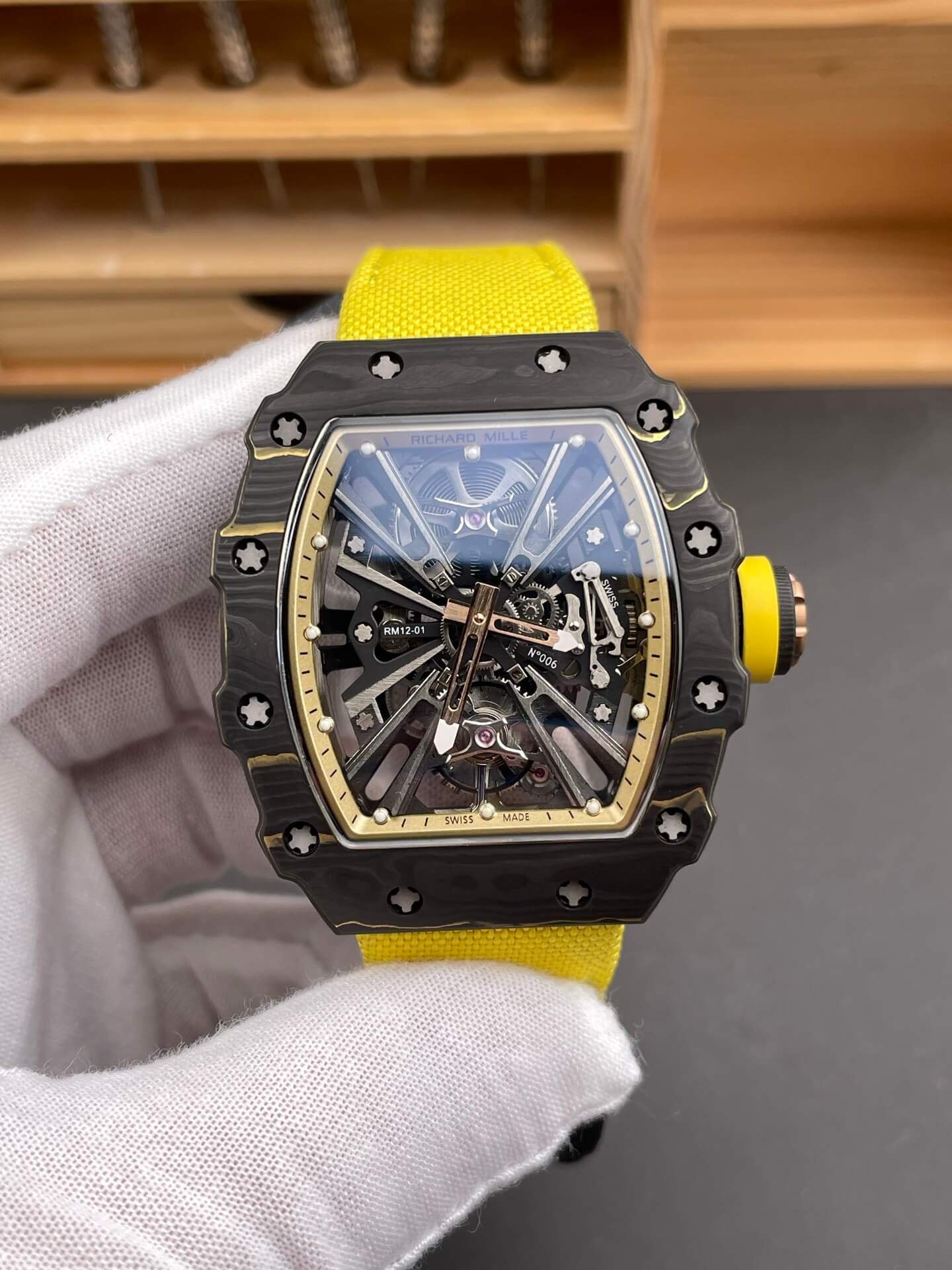 Richard Mille Replica RM 12-01 Tourbillon Super Clone Watch Carbon Yellow Crown Nylon