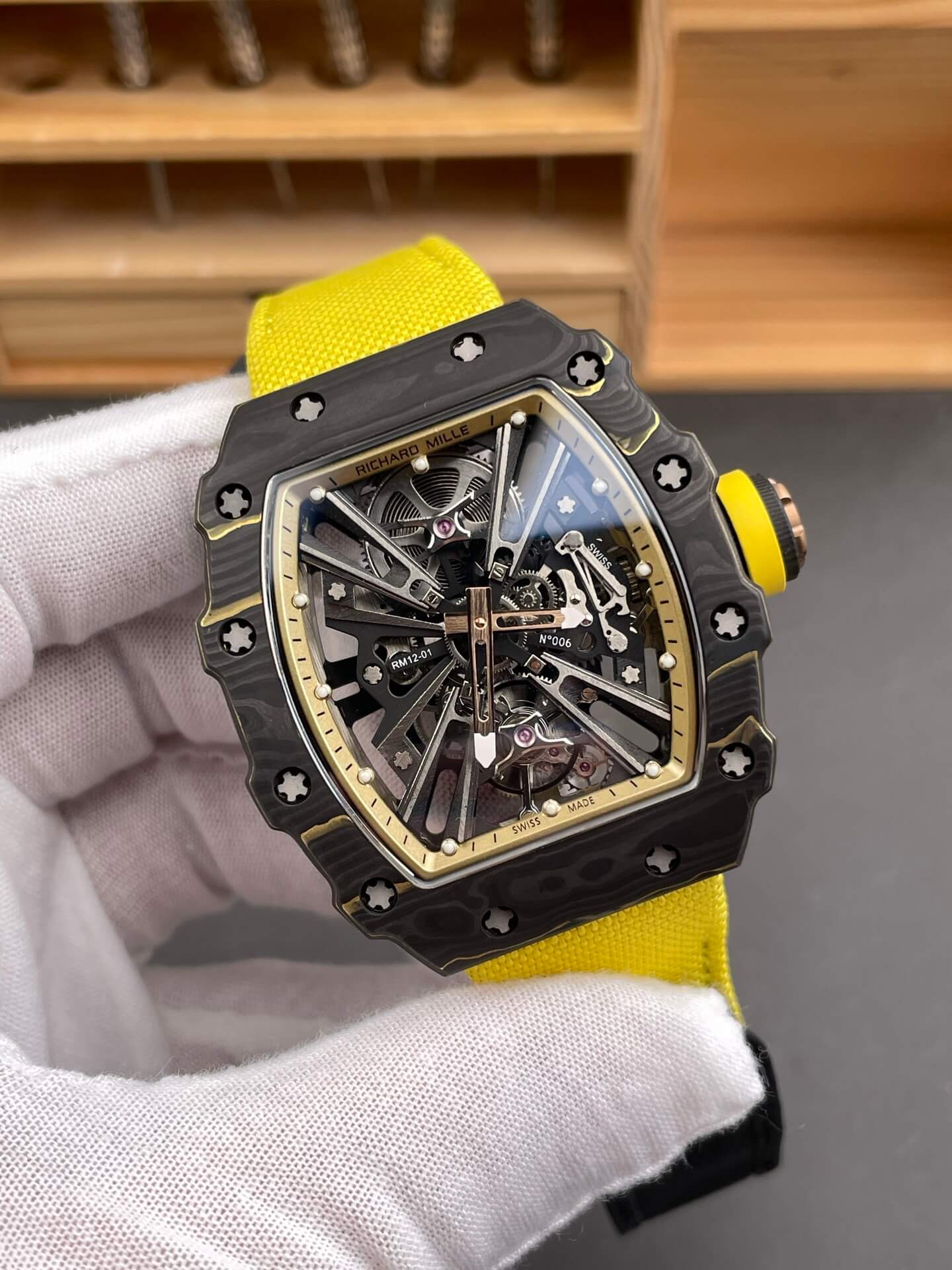 Richard Mille Replica RM 12-01 Tourbillon Super Clone Watch Carbon Yellow Crown Nylon