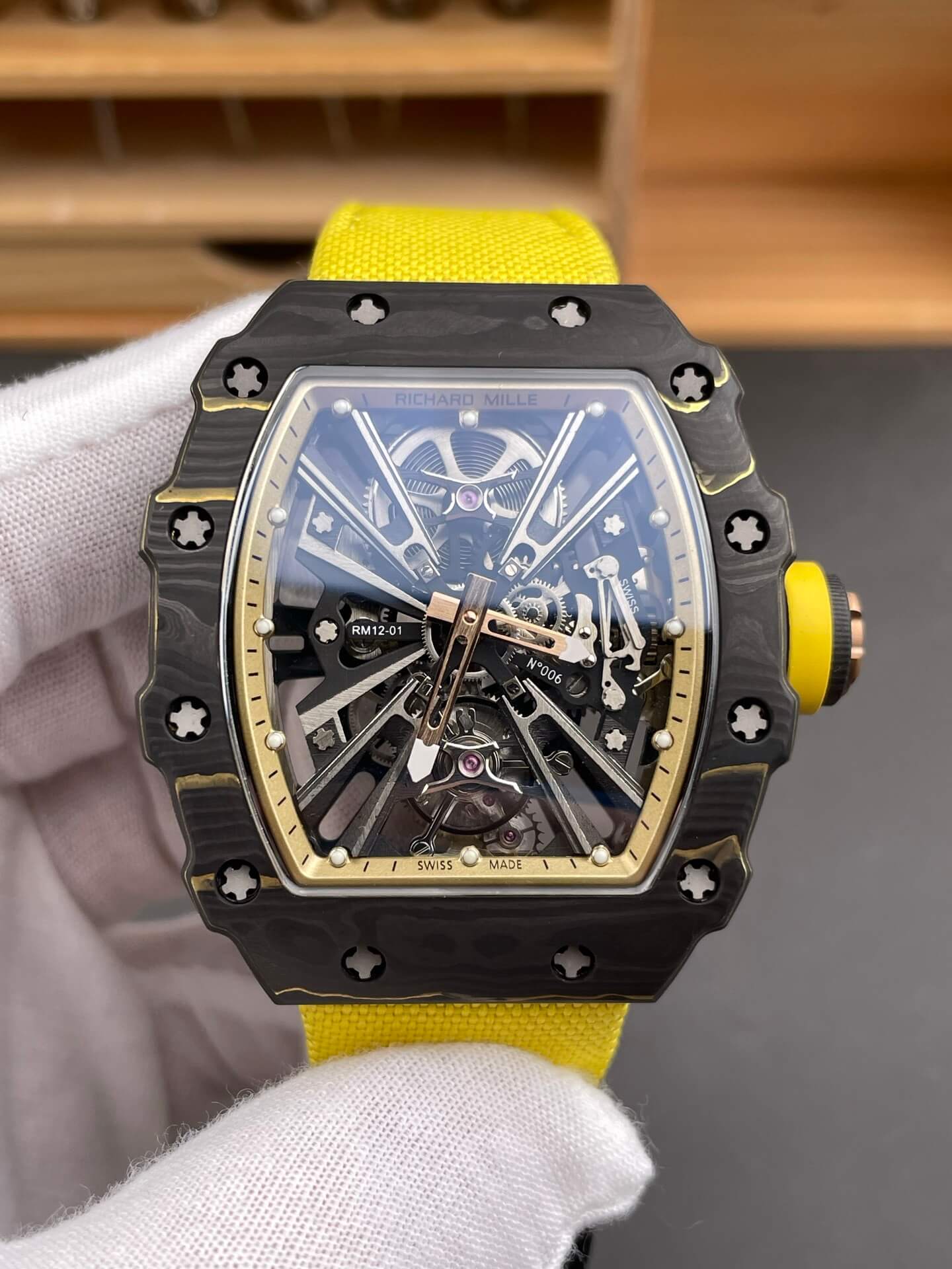 Richard Mille Replica RM 12-01 Tourbillon Super Clone Watch Carbon Yellow Crown Nylon