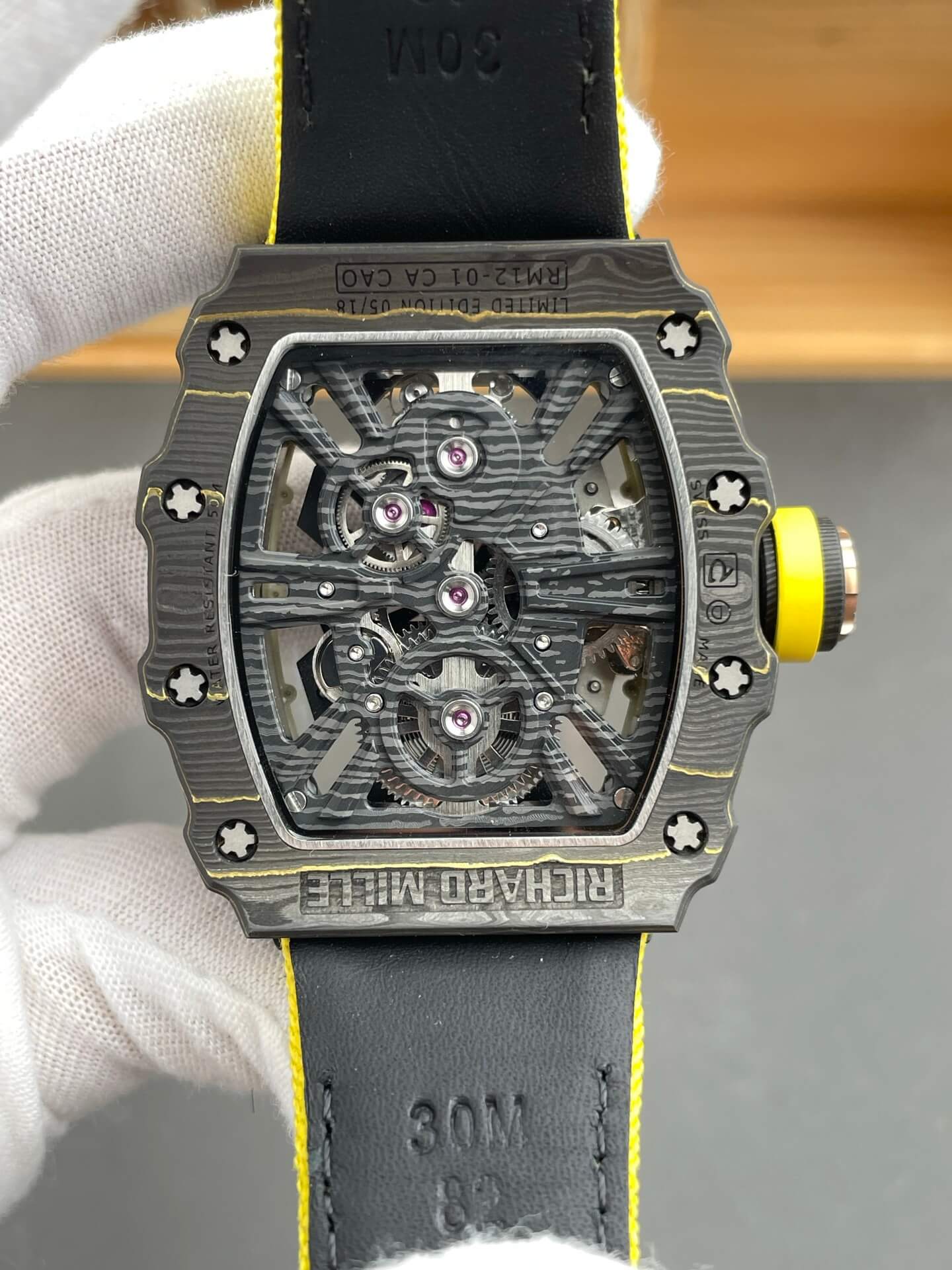 Richard Mille Replica RM 12-01 Tourbillon Super Clone Watch Carbon Yellow Crown Nylon