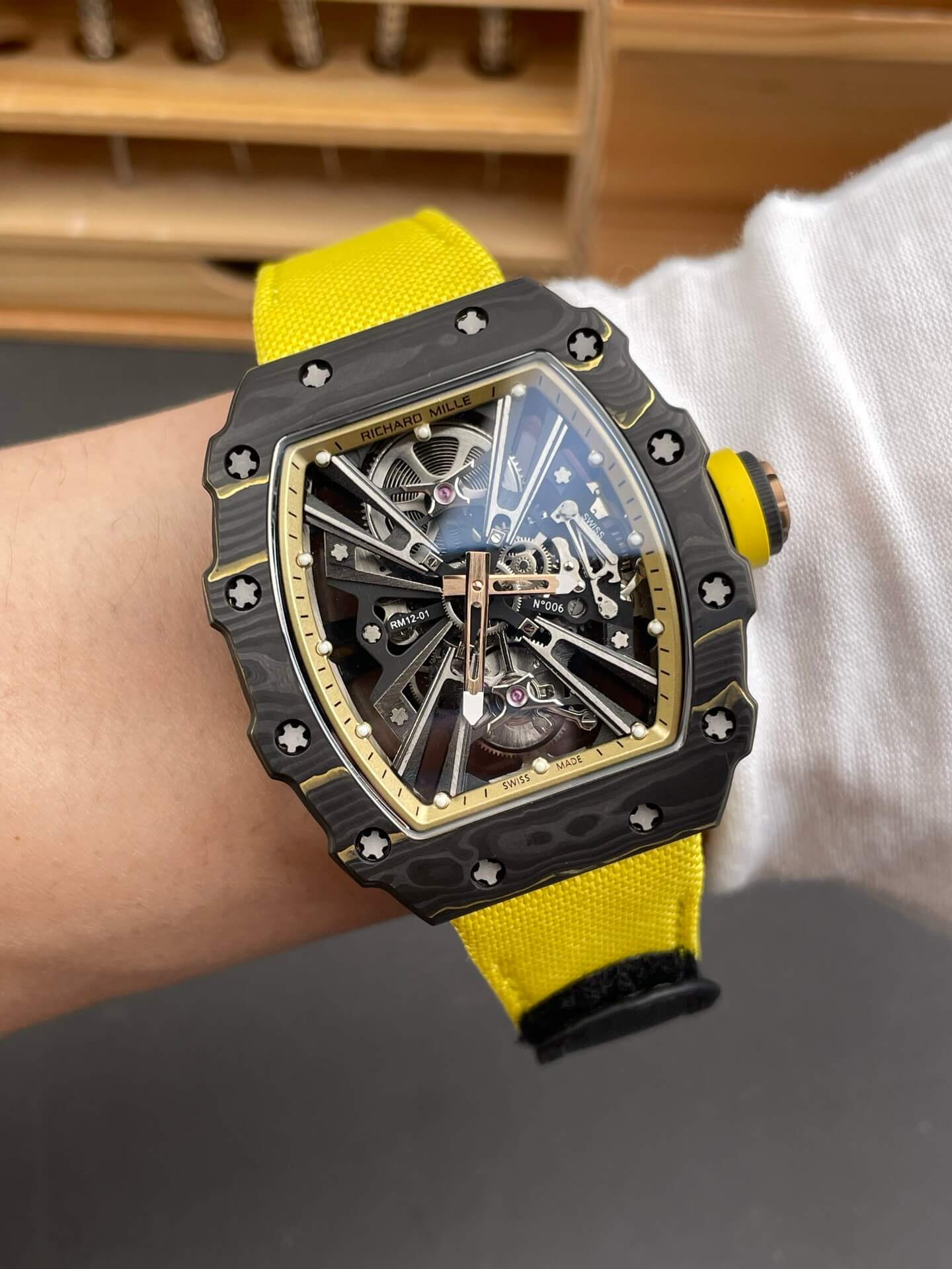 Richard Mille Replica RM 12-01 Tourbillon Super Clone Watch Carbon Yellow Crown Nylon