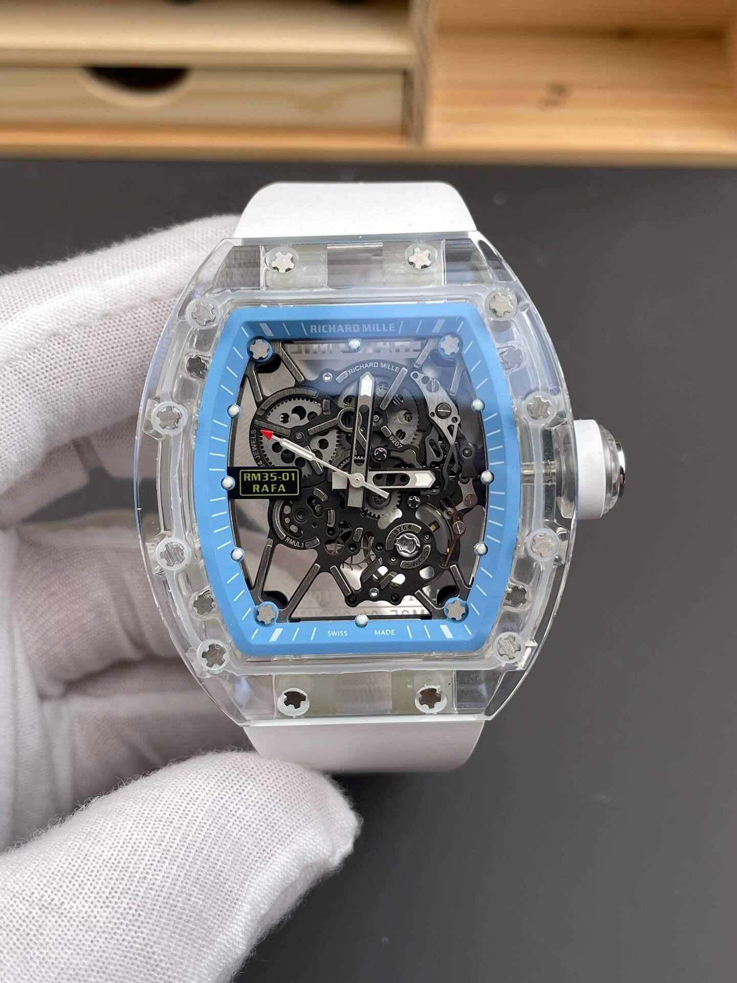 Richard Mille Replica RM 35-01 Rafael Nadal Super Clone Watch Transparent White Crown Rubber Richard Mille Replica RM 35-01 Rafael Nadal Super Clone Watch Transparent White Crown Rubber