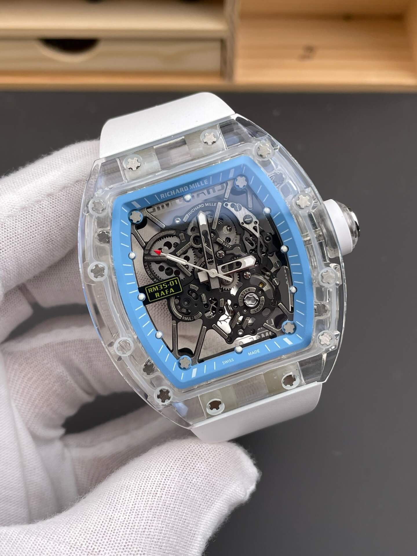 Richard Mille Replica RM 35-01 Rafael Nadal Super Clone Watch Transparent White Crown Rubber Richard Mille Replica RM 35-01 Rafael Nadal Super Clone Watch Transparent White Crown Rubber