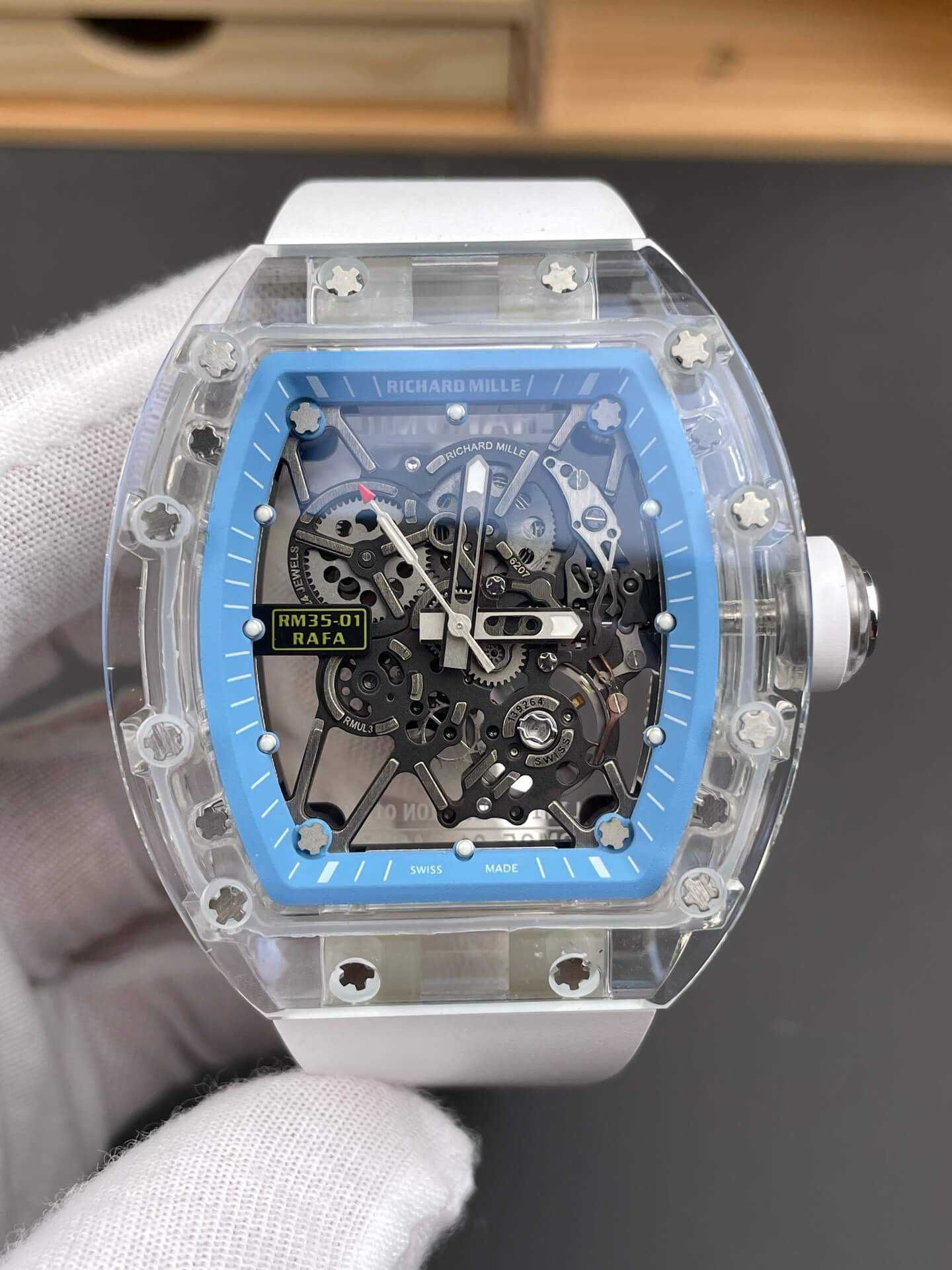 Richard Mille Replica RM 35-01 Rafael Nadal Super Clone Watch Transparent White Crown Rubber Richard Mille Replica RM 35-01 Rafael Nadal Super Clone Watch Transparent White Crown Rubber