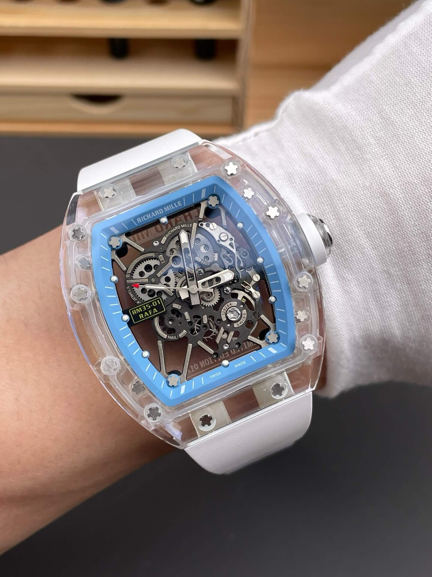 Richard Mille Replica RM 35-01 Rafael Nadal Super Clone Watch Transparent White Crown Rubber Richard Mille Replica RM 35-01 Rafael Nadal Super Clone Watch Transparent White Crown Rubber