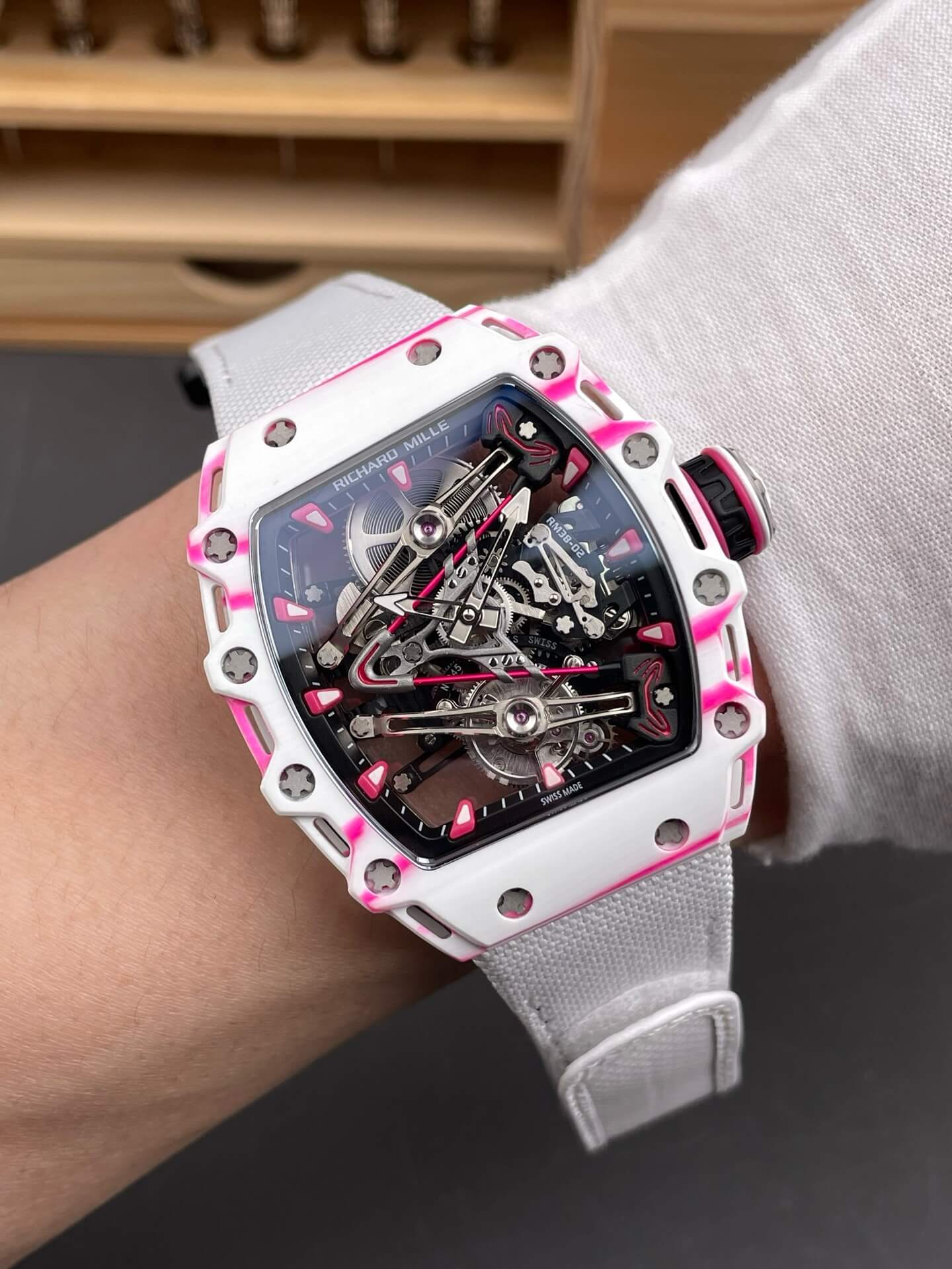 Richard Mille Replica RM 38-02 Tourbillon Bubba Watson Super Clone Watch Carbon Black Crown White Nylon