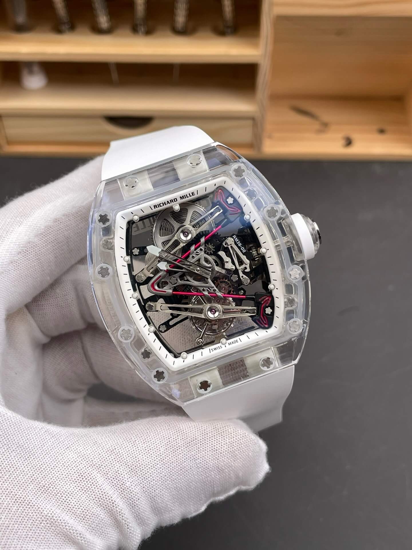 Richard Mille Replica RM 38-02 Tourbillon Bubba Watson Super Clone Watch Transparent White Crown Rubber