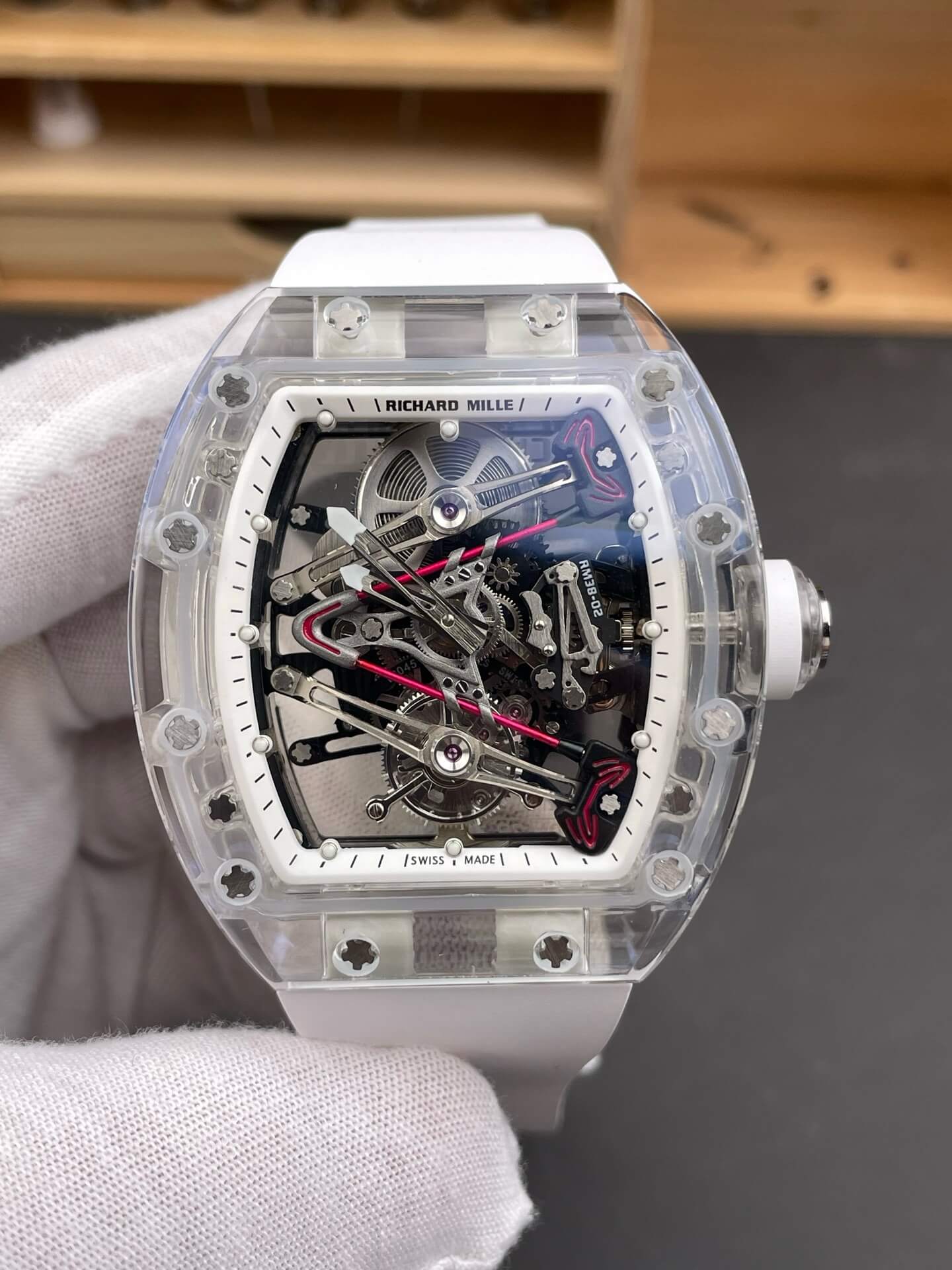 Richard Mille Replica RM 38-02 Tourbillon Bubba Watson Super Clone Watch Transparent White Crown Rubber