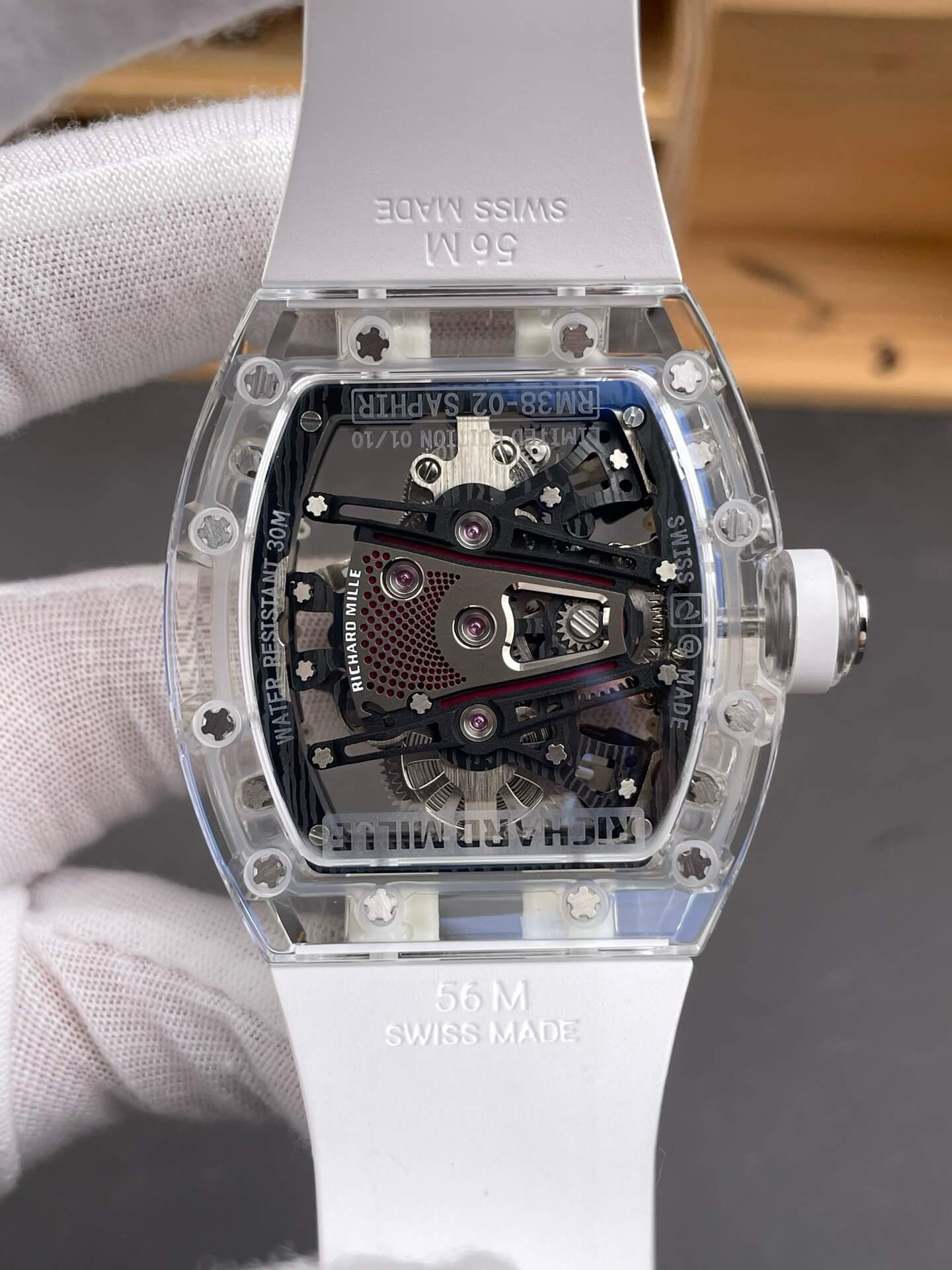 Richard Mille Replica RM 38-02 Tourbillon Bubba Watson Super Clone Watch Transparent White Crown Rubber
