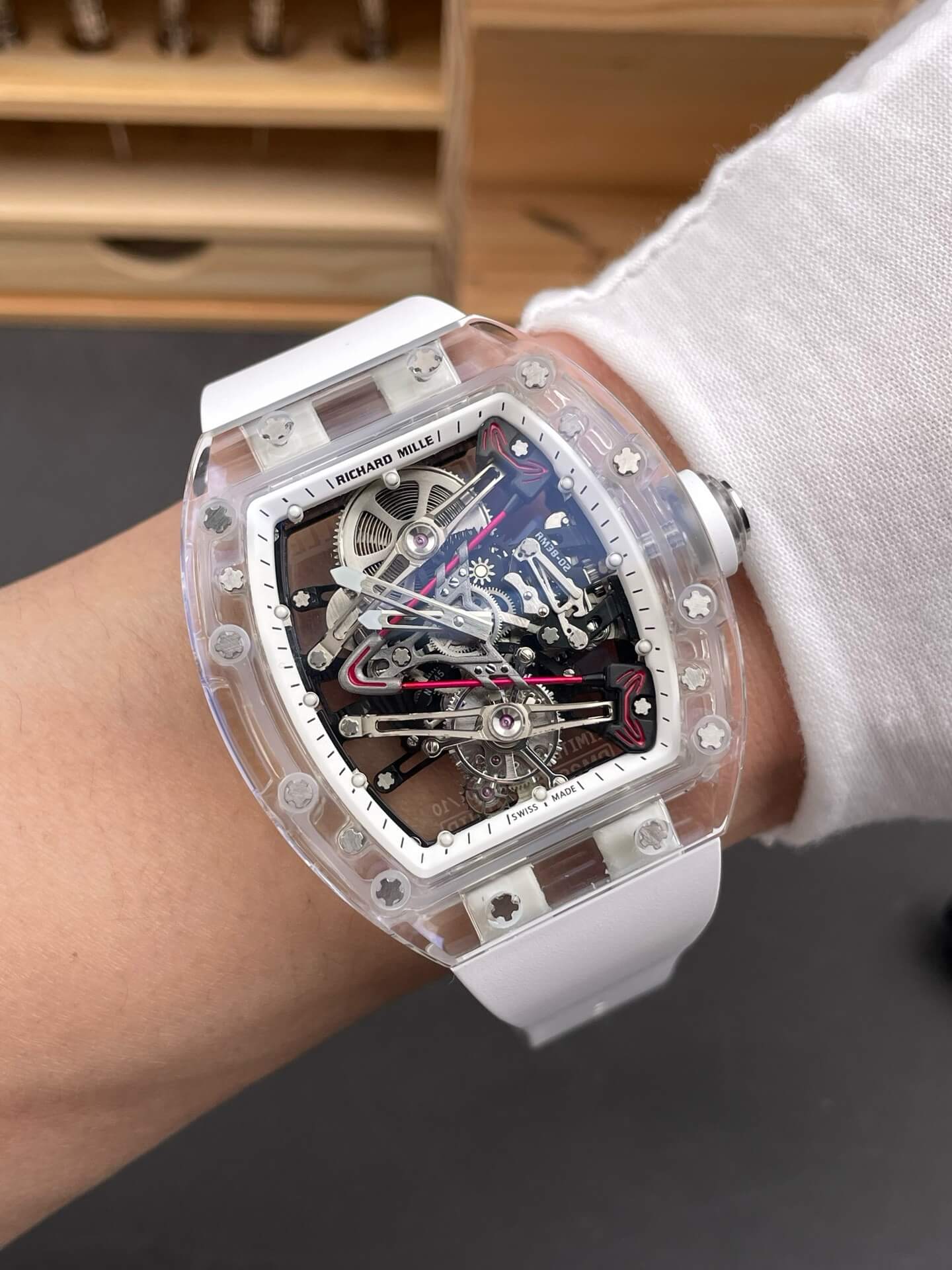 Richard Mille Replica RM 38-02 Tourbillon Bubba Watson Super Clone Watch Transparent White Crown Rubber