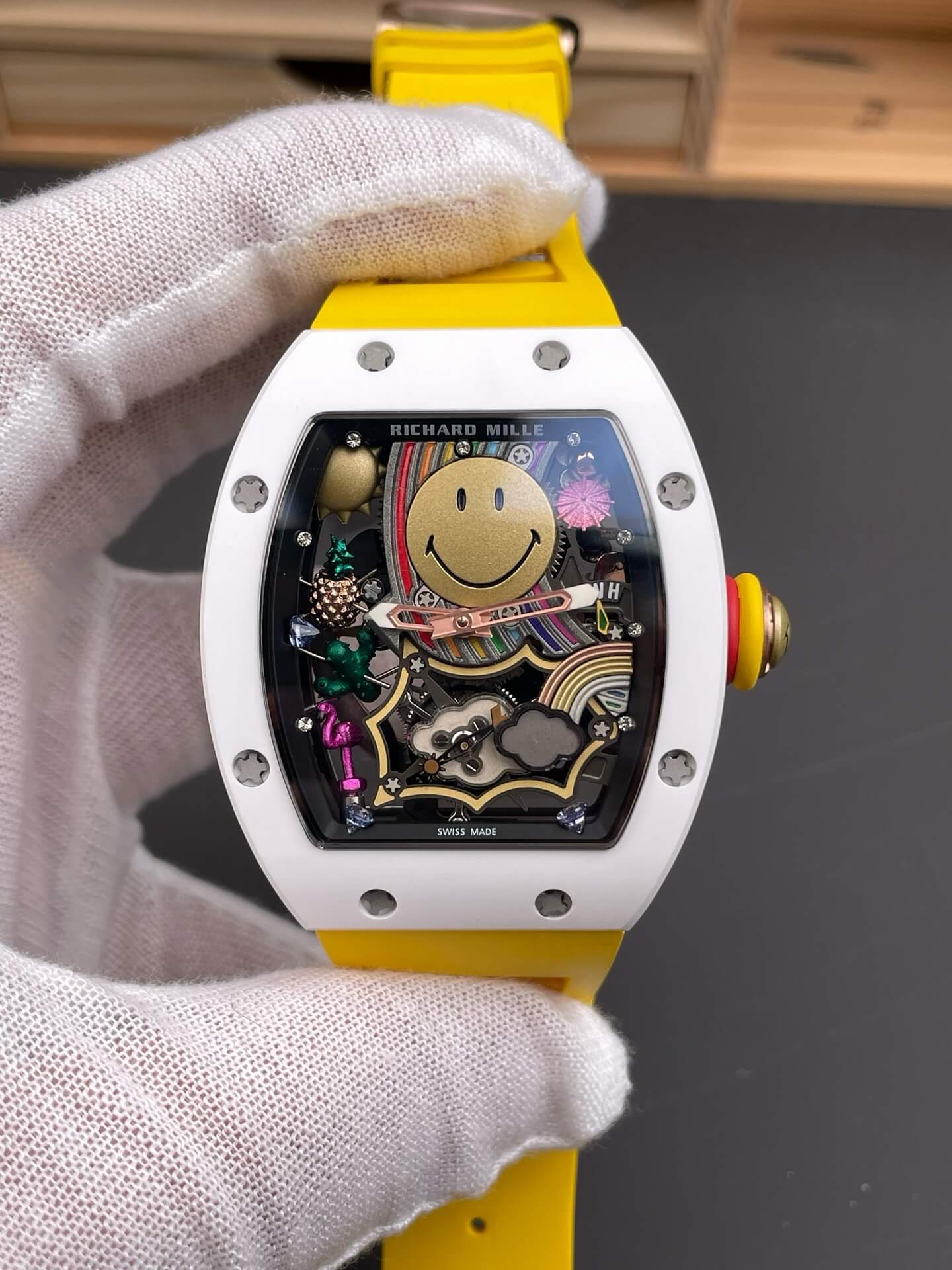 Richard Mille Replica RM 88 Smiley Super Clone Watch White Ceramic Yellow Rubber Richard Mille Replica RM 88 Smiley Super Clone Watch White Ceramic Yellow Rubber