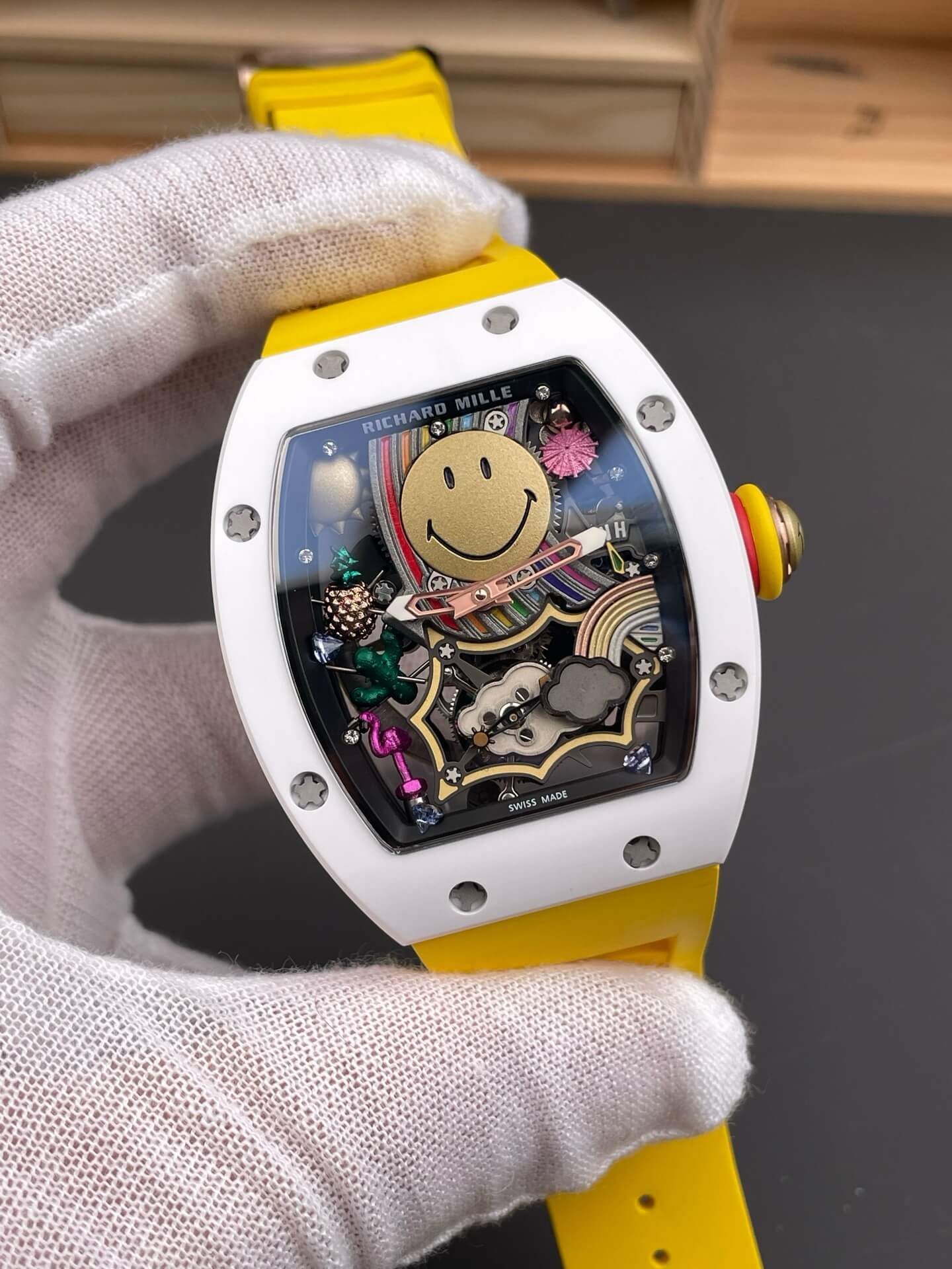 Richard Mille Replica RM 88 Smiley Super Clone Watch White Ceramic Yellow Rubber Richard Mille Replica RM 88 Smiley Super Clone Watch White Ceramic Yellow Rubber