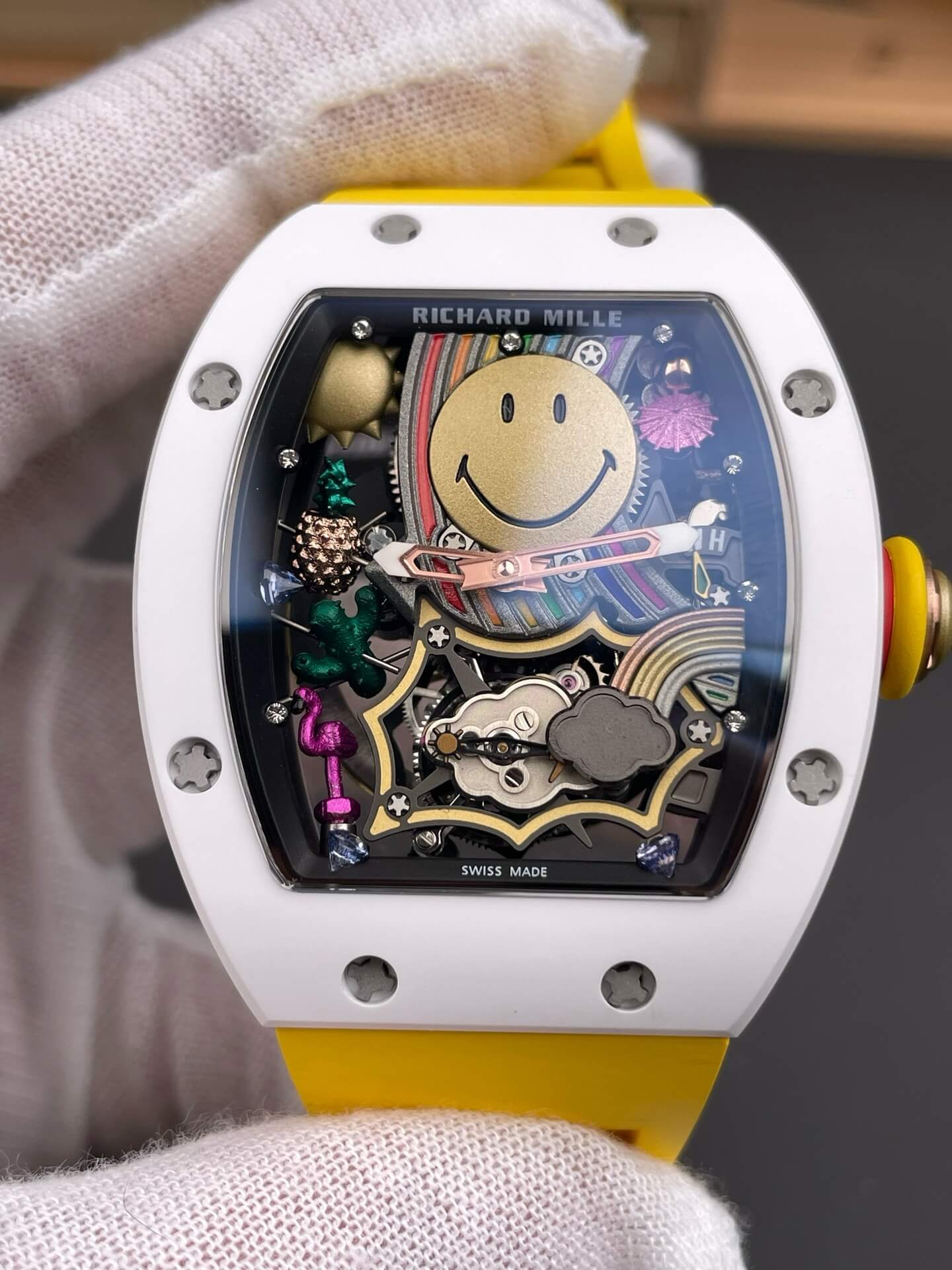 Richard Mille Replica RM 88 Smiley Super Clone Watch White Ceramic Yellow Rubber Richard Mille Replica RM 88 Smiley Super Clone Watch White Ceramic Yellow Rubber