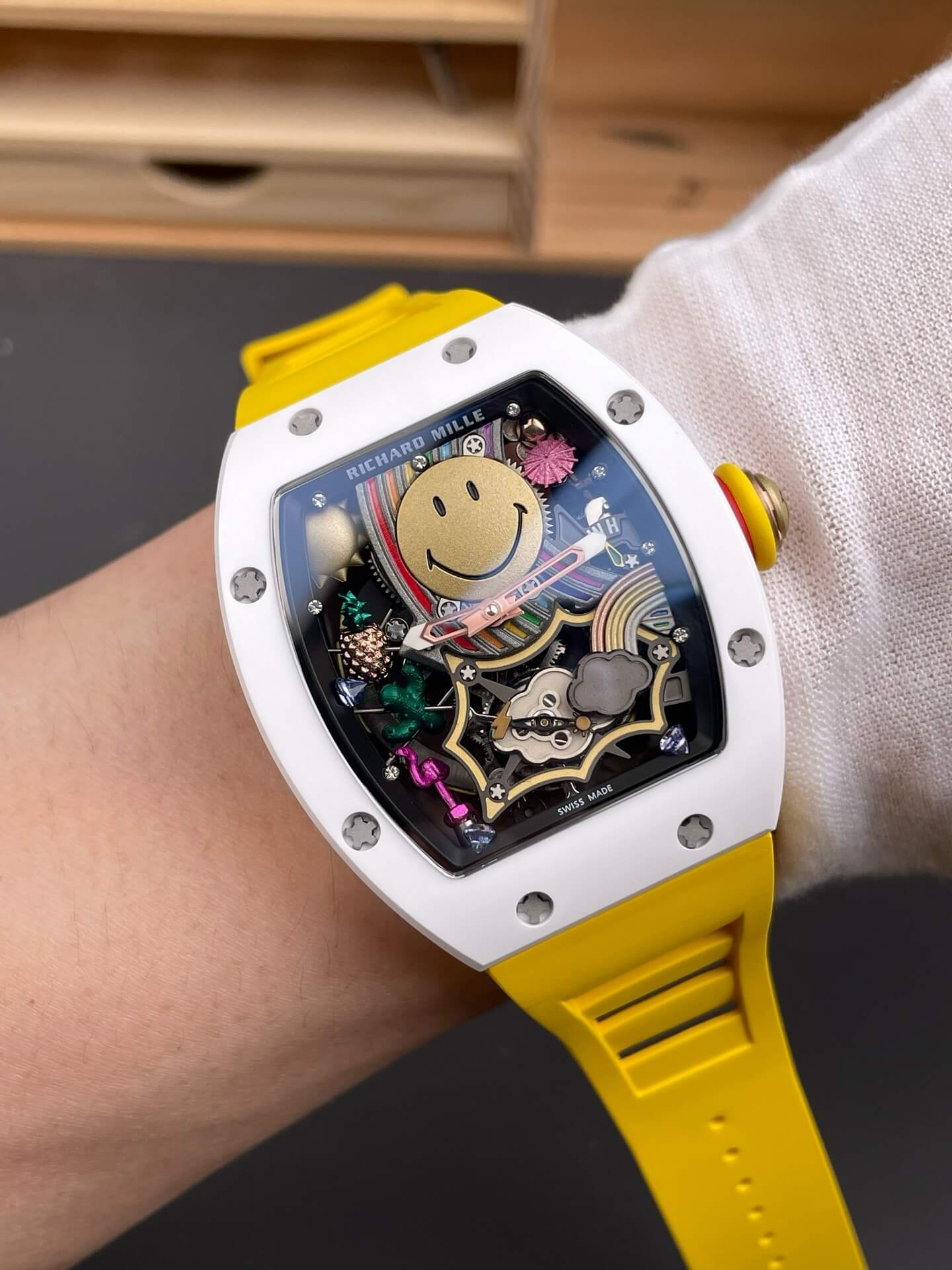 Richard Mille Replica RM 88 Smiley Super Clone Watch White Ceramic Yellow Rubber Richard Mille Replica RM 88 Smiley Super Clone Watch White Ceramic Yellow Rubber