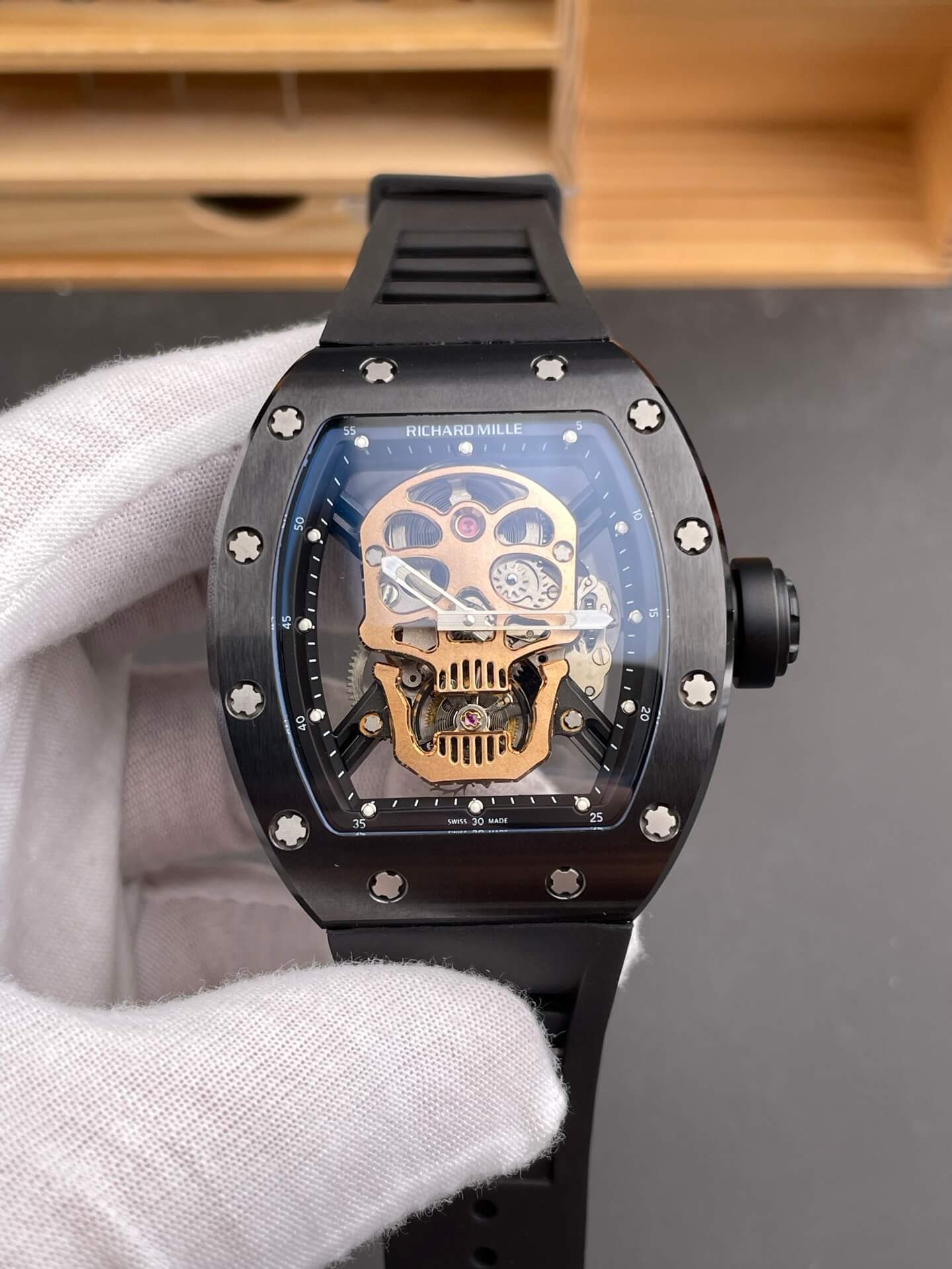 Richard Mille Replica RM 052 Tourbillon Skull Super Clone Watch Rose Gold Dial Black Ceramic Rubber
