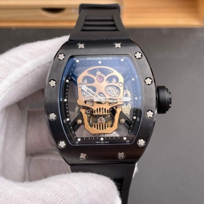 Richard Mille Replica RM 052 Tourbillon Skull Super Clone Watch Rose Gold Dial Black Ceramic Rubber