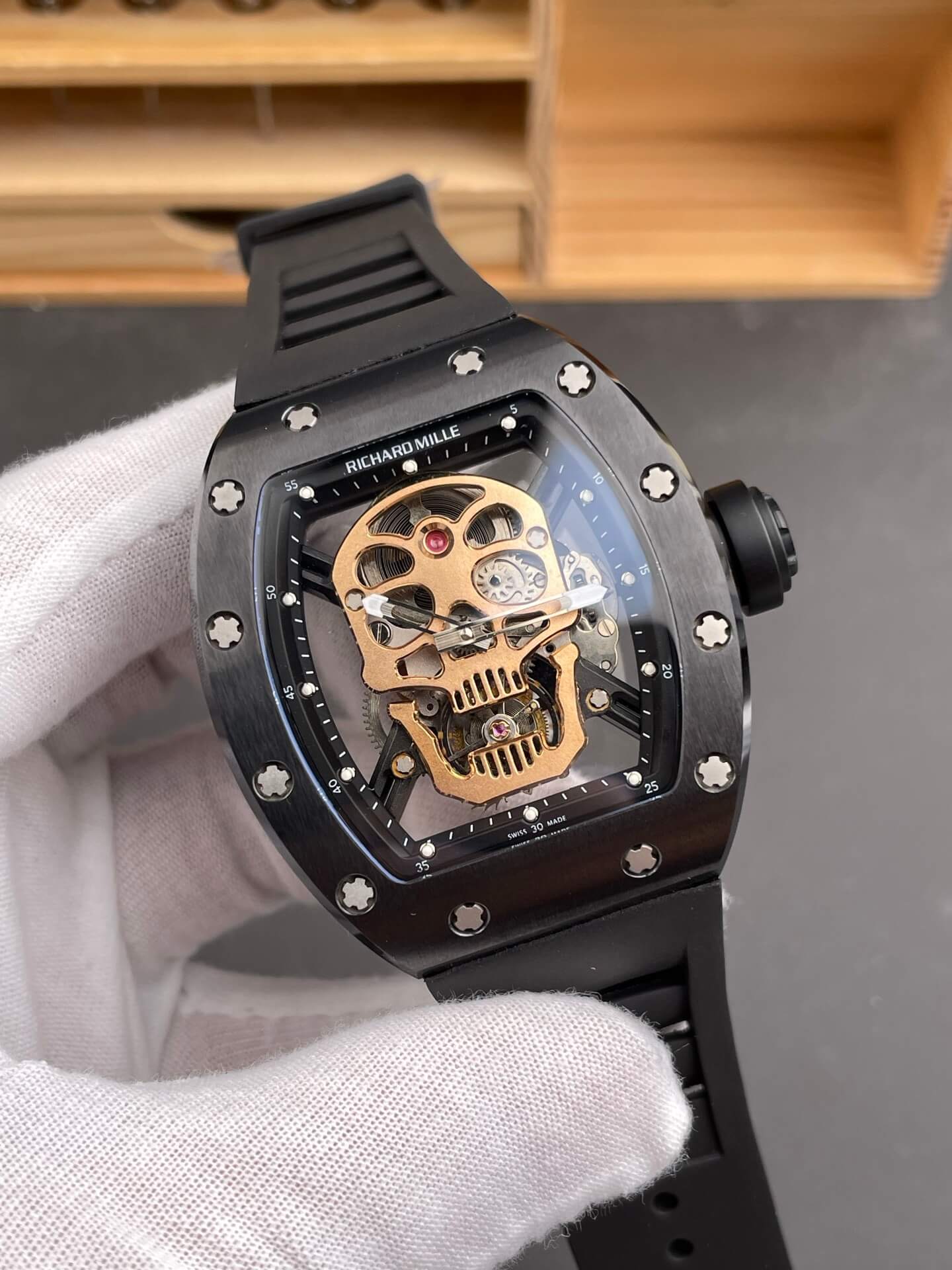 Richard Mille Replica RM 052 Tourbillon Skull Super Clone Watch Rose Gold Dial Black Ceramic Rubber
