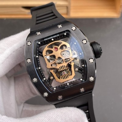 Richard Mille Replica RM 052 Tourbillon Skull Super Clone Watch Rose Gold Dial Black Ceramic Rubber